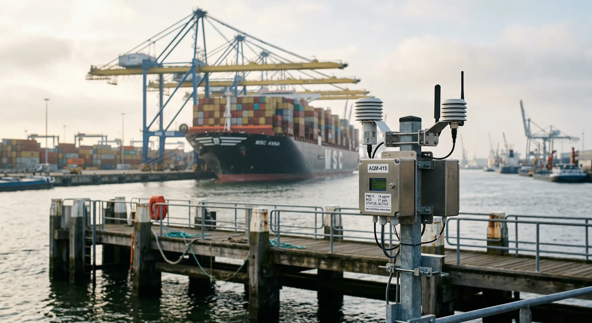 A photorealistic shot of a modern air quality monitoring station mounted on a pier in a large European industrial port. In the background, a massive container ship is docked under towering harbor cran