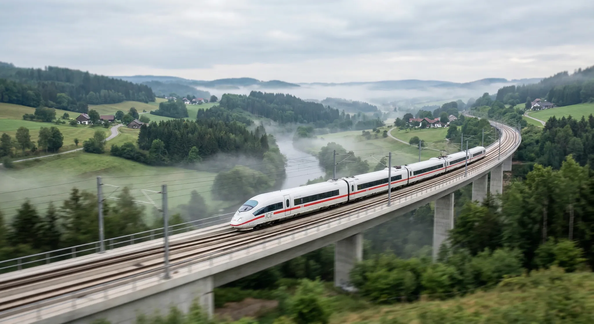 A sleek, modern white electric high-speed train speeds across a minimalist concrete bridge in a lush Northern European valley. The landscape features rolling green hills and a light morning mist under