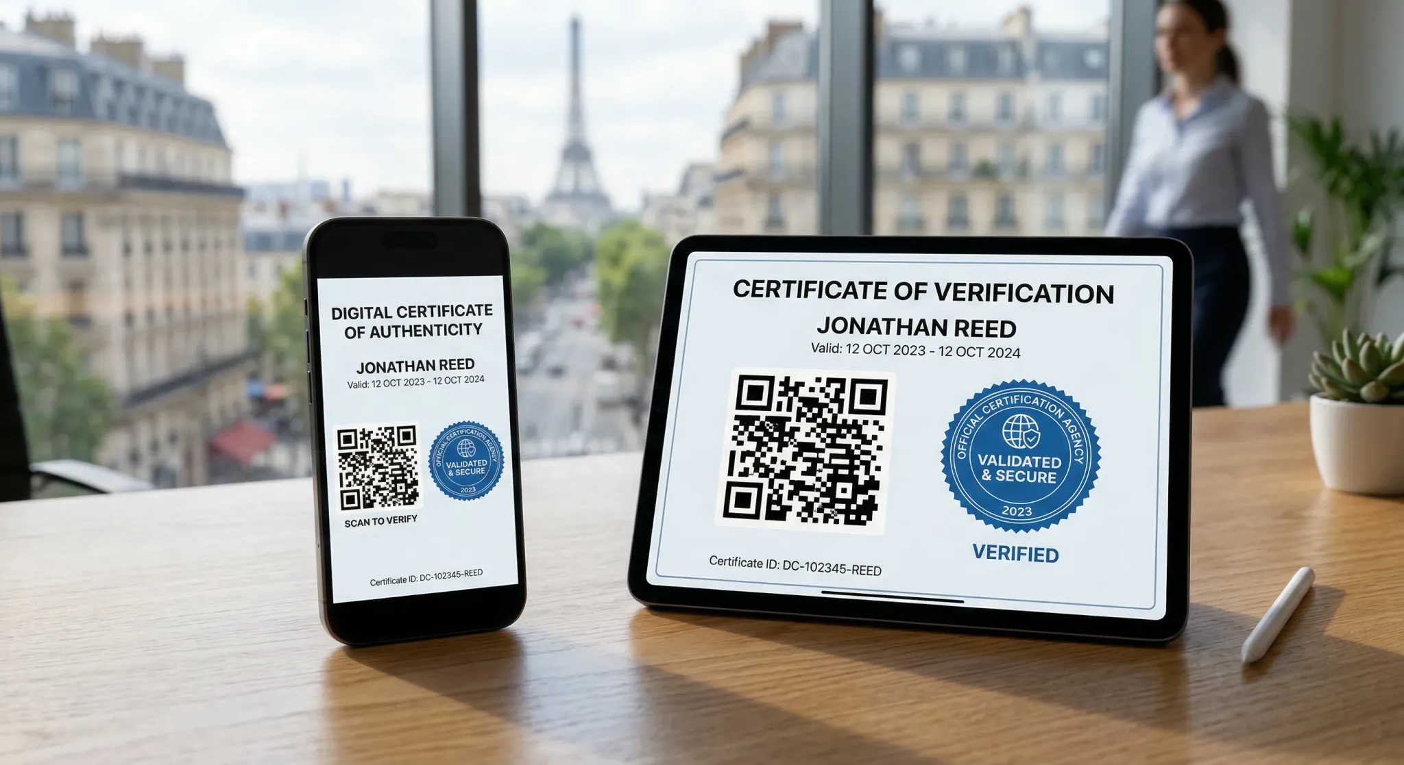 A photorealistic close-up of a modern smartphone and tablet on a clean wooden desk, displaying a digital certificate with a prominent QR code and a blue official seal. The background is a soft-focus,