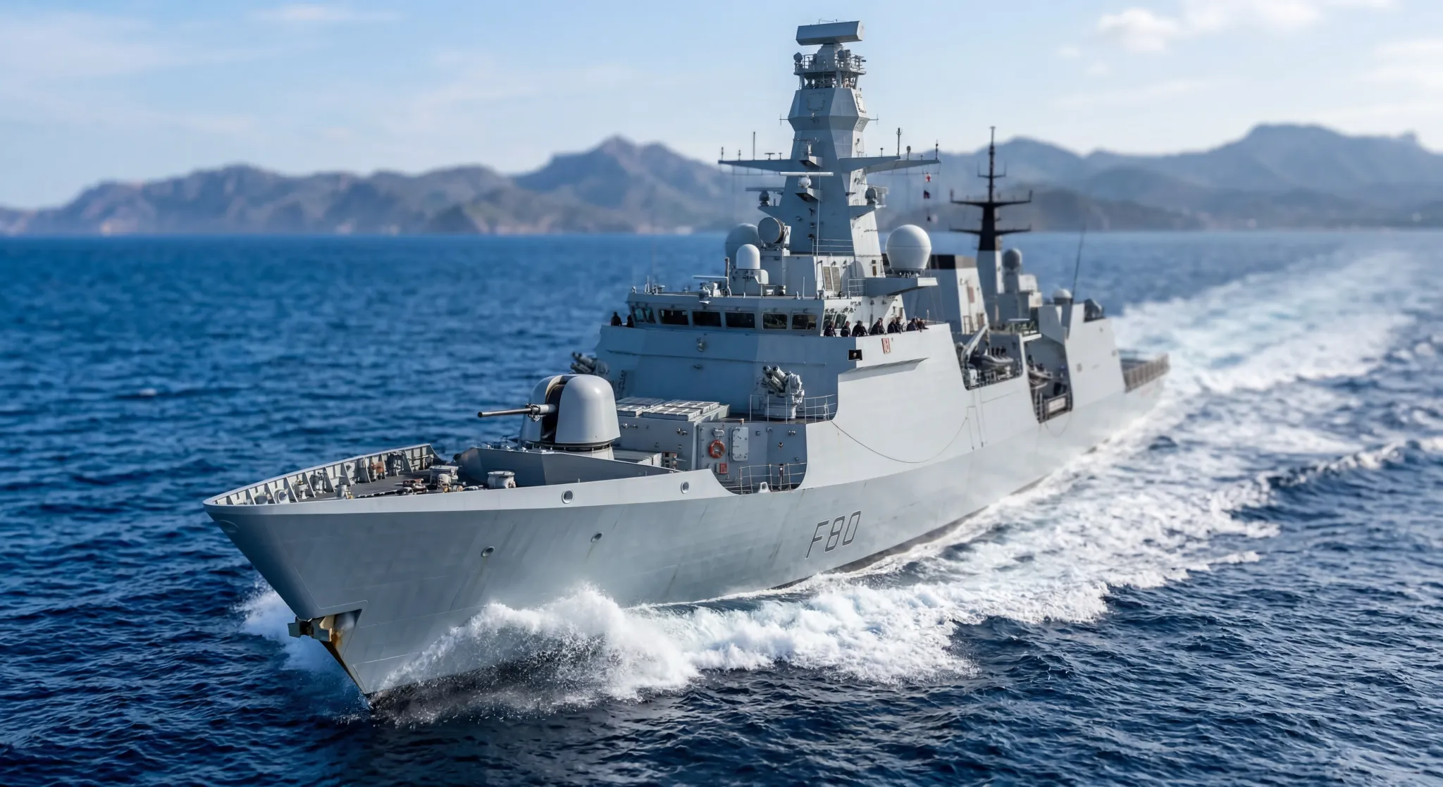 A modern European naval frigate cutting through the deep blue Mediterranean Sea under a clear morning sky. The camera uses a wide-angle lens from a low boat-side perspective, capturing the white wake