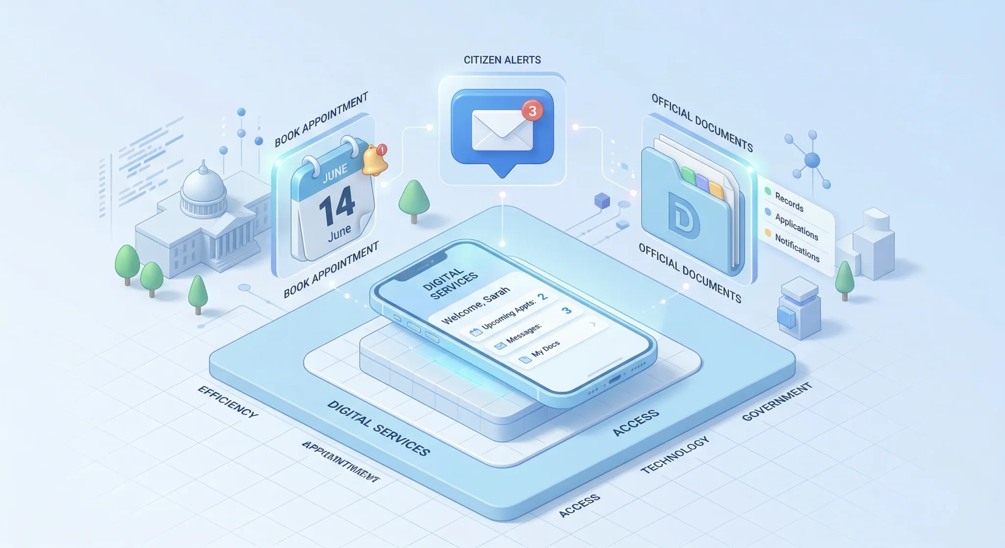 A clean isometric 3D illustration representing digital public services. A central smartphone is surrounded by floating icons of a calendar, a message notification, and a stylized document folder. The