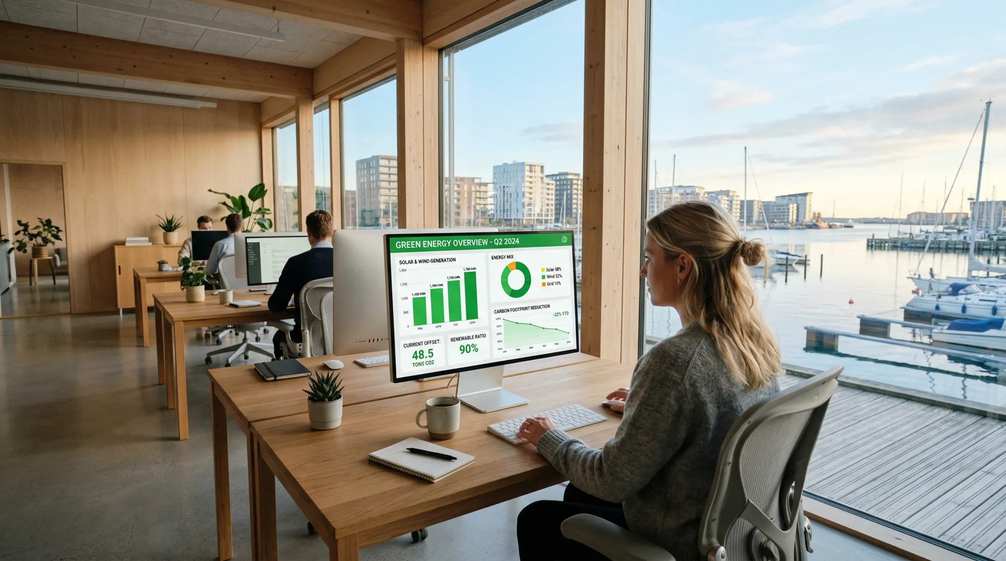 A photorealistic wide-angle shot of a modern Scandinavian office with minimalist wooden furniture and large glass windows overlooking a calm harbor. On a sleek computer monitor in the foreground, a cl
