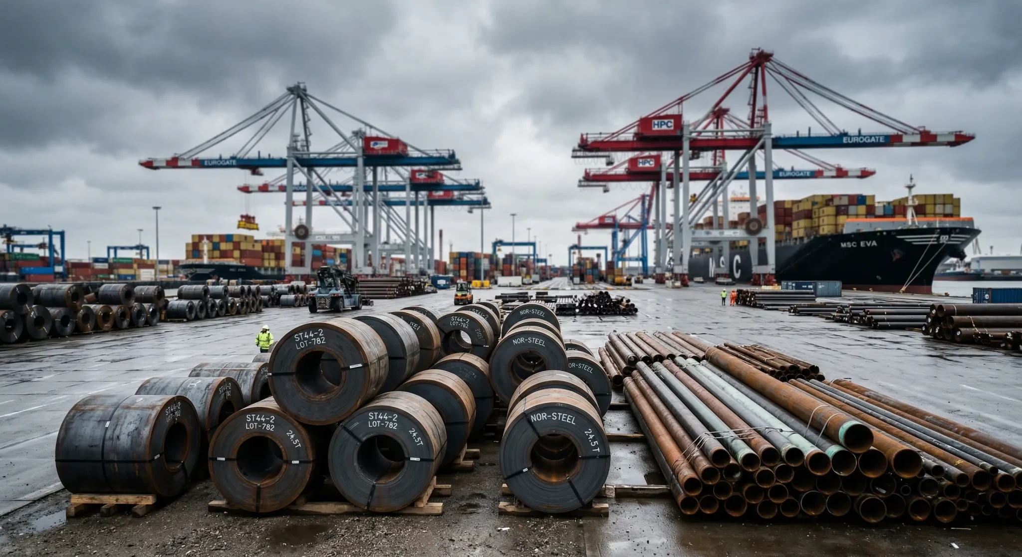 A photorealistic wide-angle shot of massive industrial steel rolls and metal pipes stacked in a modern cargo port under an overcast Northern European sky. The camera uses a shallow depth of field to f