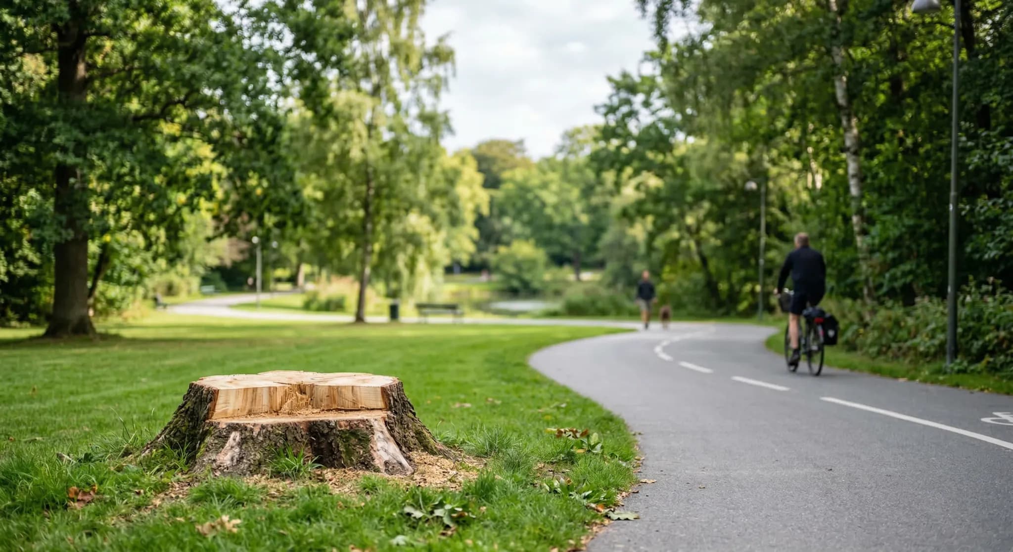 A photorealistic shot of a public green space in Northern Europe, featuring a paved cycling path winding between grassy areas. In the foreground, a freshly cut oak tree stump is visible, with rich tex