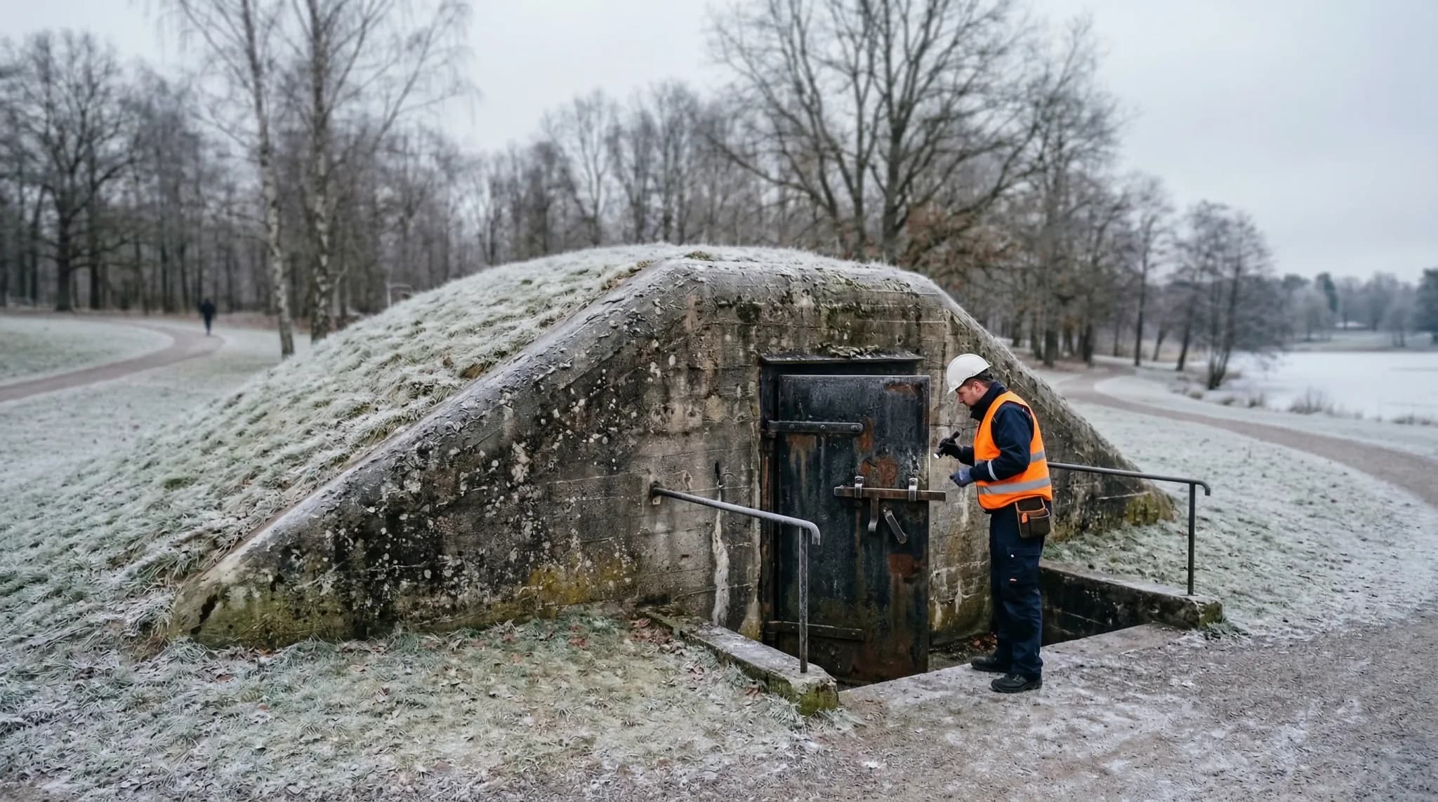 A photorealistic wide-angle shot of a semi-submerged concrete bunker mound situated in a public park during a cloudy winter day. A technician in a professional uniform and high-visibility vest inspect