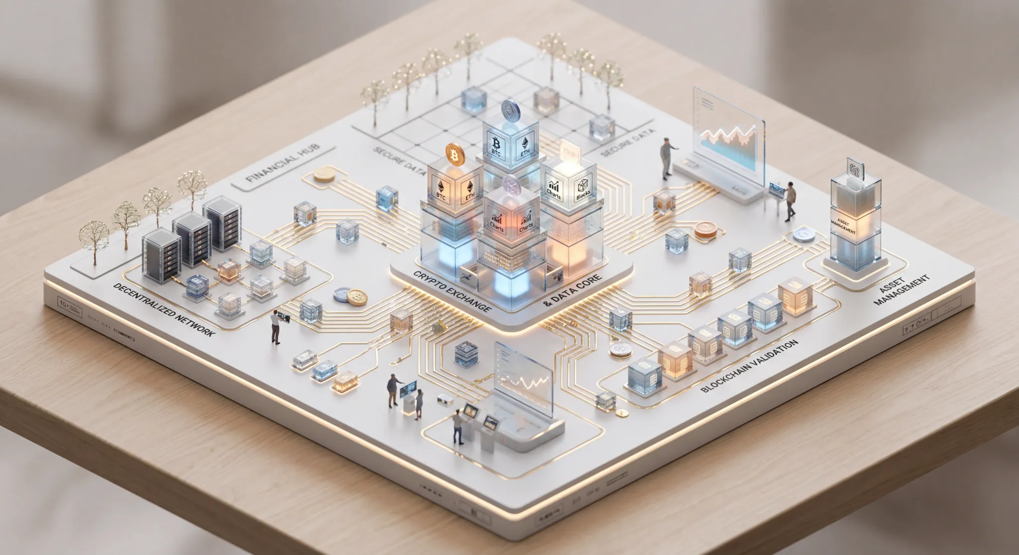 An isometric 3D miniature diorama of a modern digital financial hub. Small glass blocks representing crypto-assets and data packets are connected by glowing gold circuits on a minimalist white platfor