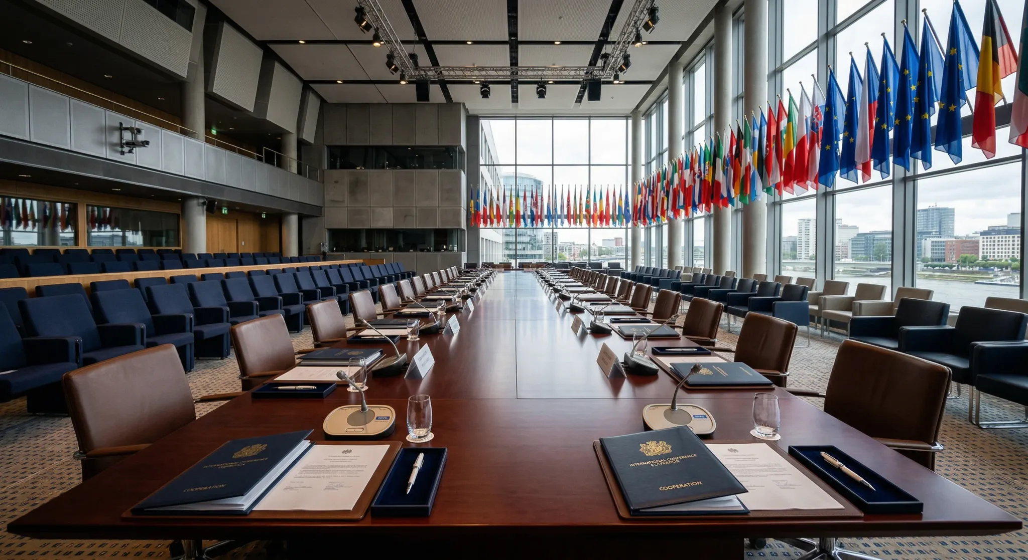 A wide-angle, photorealistic shot of a grand, modern international conference hall. A long, polished mahogany table sits in the center, featuring leather-bound diplomatic folders and elegant silver fo