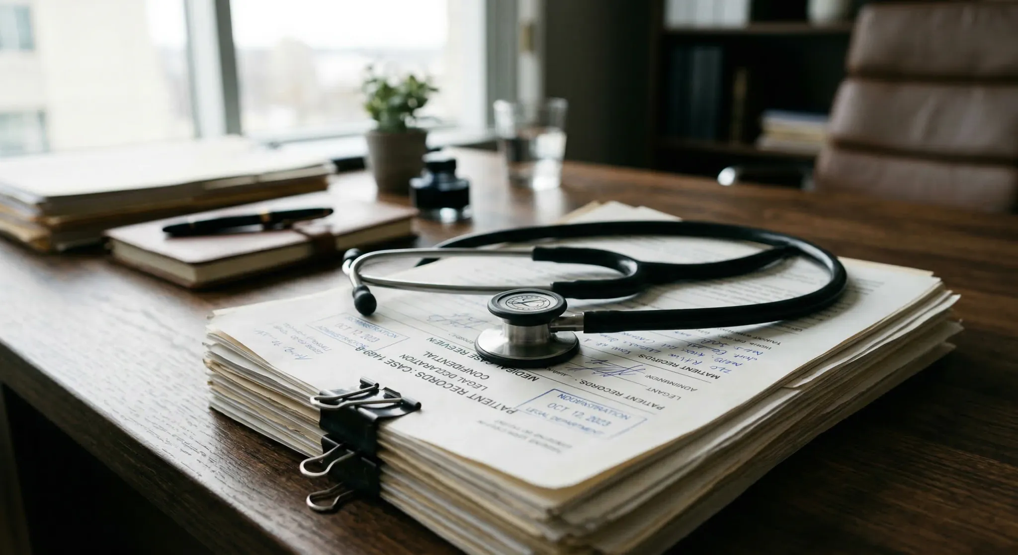 A close-up shot of a wooden desk featuring a modern stethoscope resting on a stack of official-looking legal forms and medical reports. Soft natural light filters in from a side window, creating a sha
