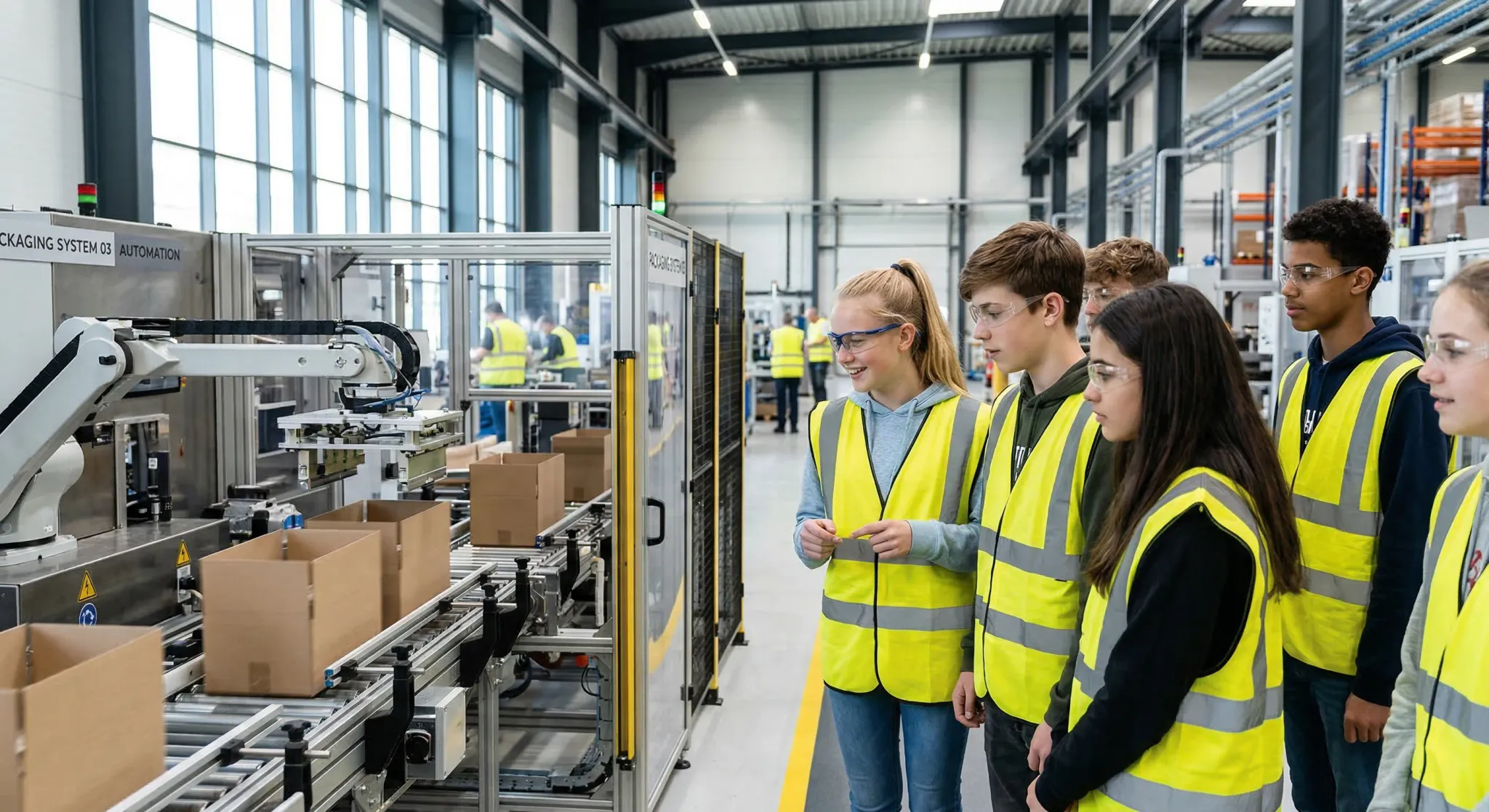 A group of young European teenagers wearing bright yellow high-visibility vests and safety glasses standing in a bright, modern manufacturing facility. They are observing a large automated packaging m