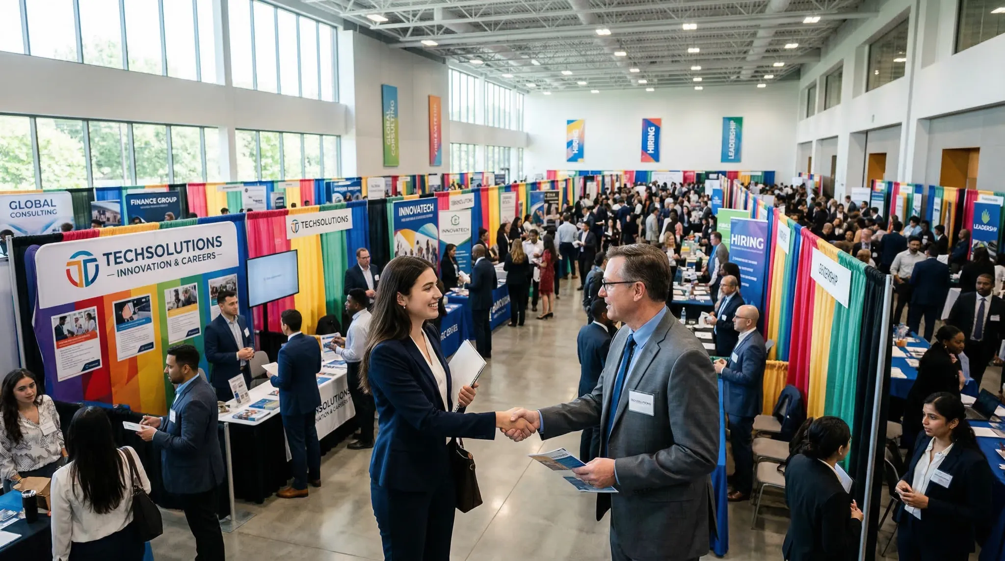 A photorealistic wide-angle shot of a busy career fair inside a modern, brightly lit hall with high ceilings. People in professional attire are engaged in conversations at various exhibition booths de