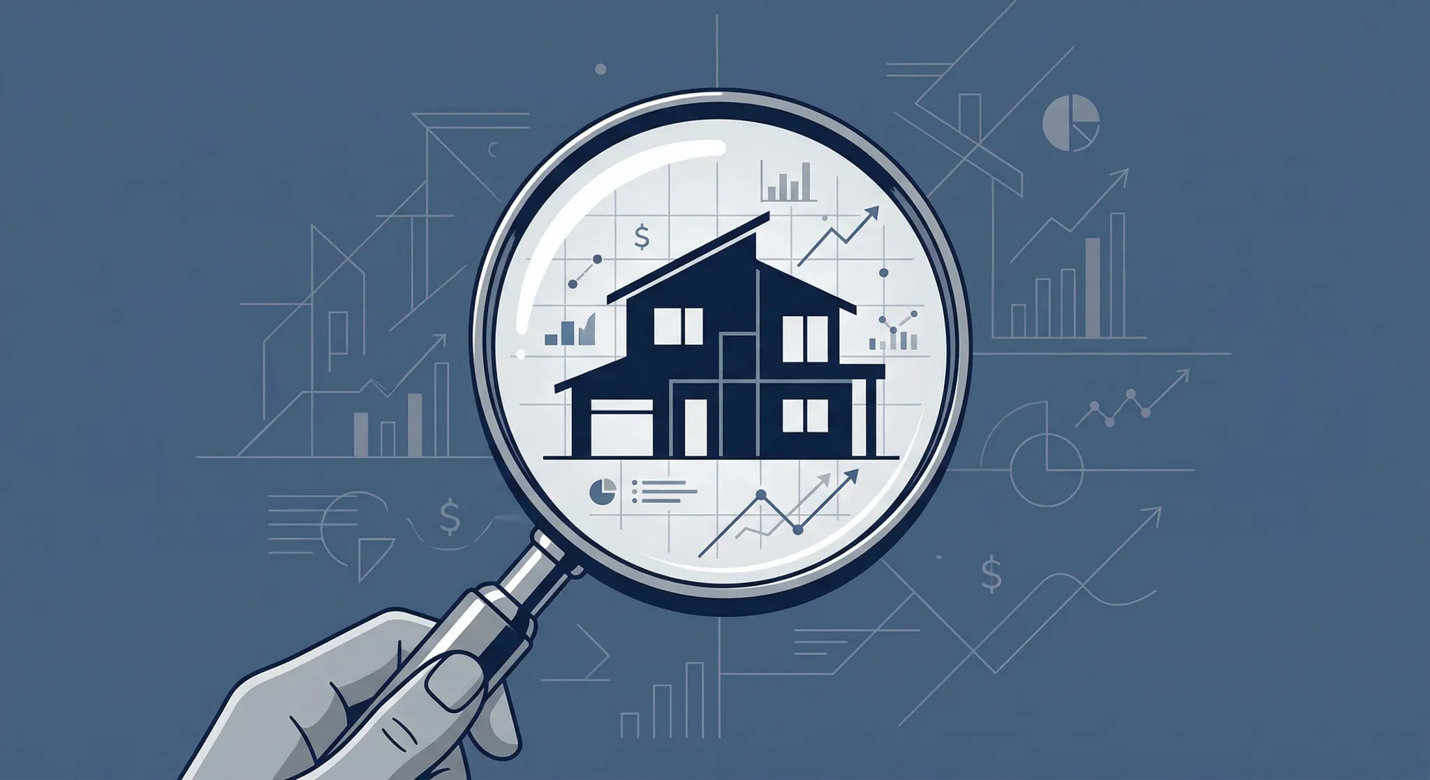 A minimalist editorial illustration of a modern house silhouette placed inside a magnifying glass, symbolizing financial inspection. The background is a clean, muted blue with subtle geometric pattern