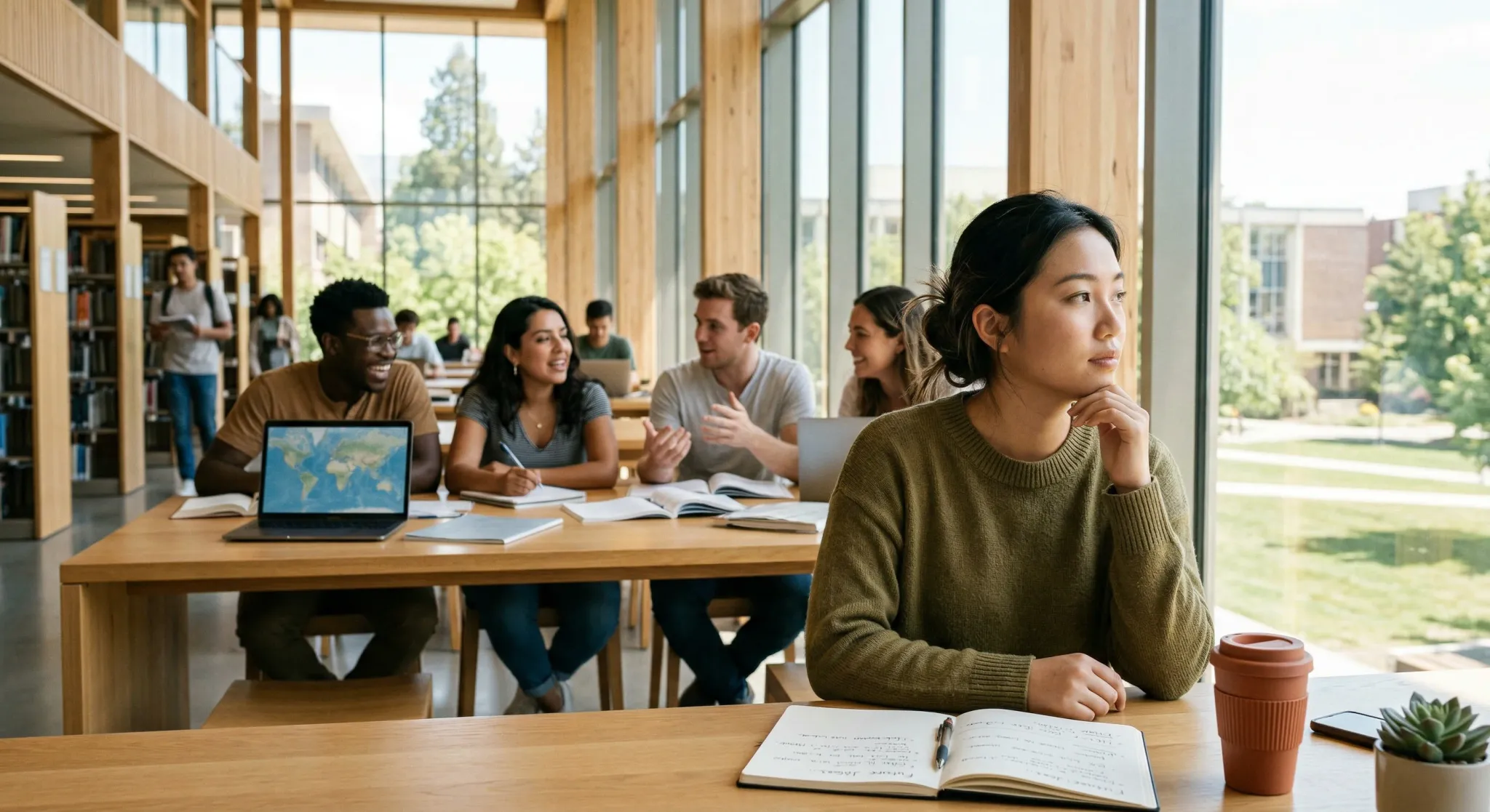 A group of diverse young adults sitting in a sun-drenched modern library with large glass windows and light wood accents. The focus is on a young person in the foreground with a thoughtful expression,