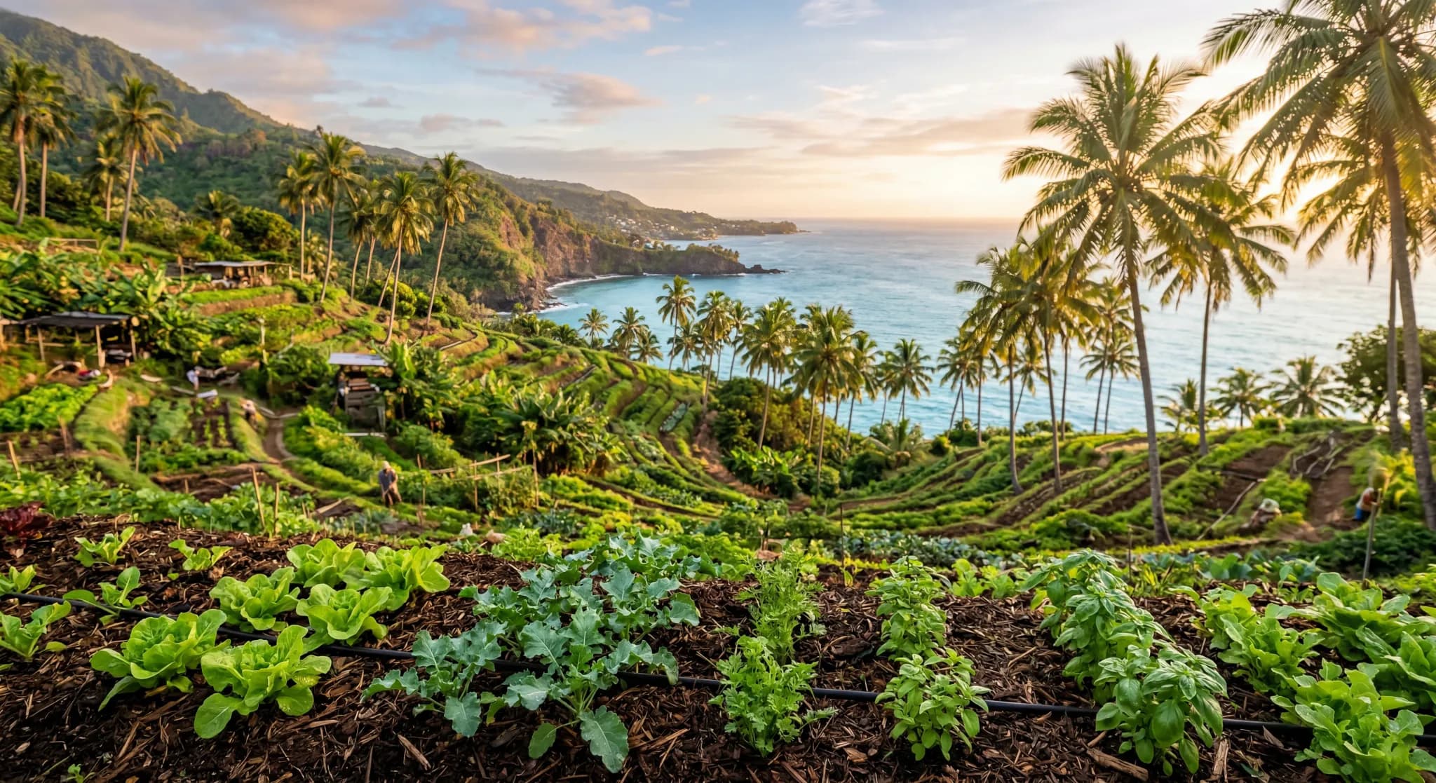 A lush tropical agricultural landscape featuring terraced organic crops and tall palm trees against a coastal background. The scene is captured with a wide-angle lens during the golden hour, showing s