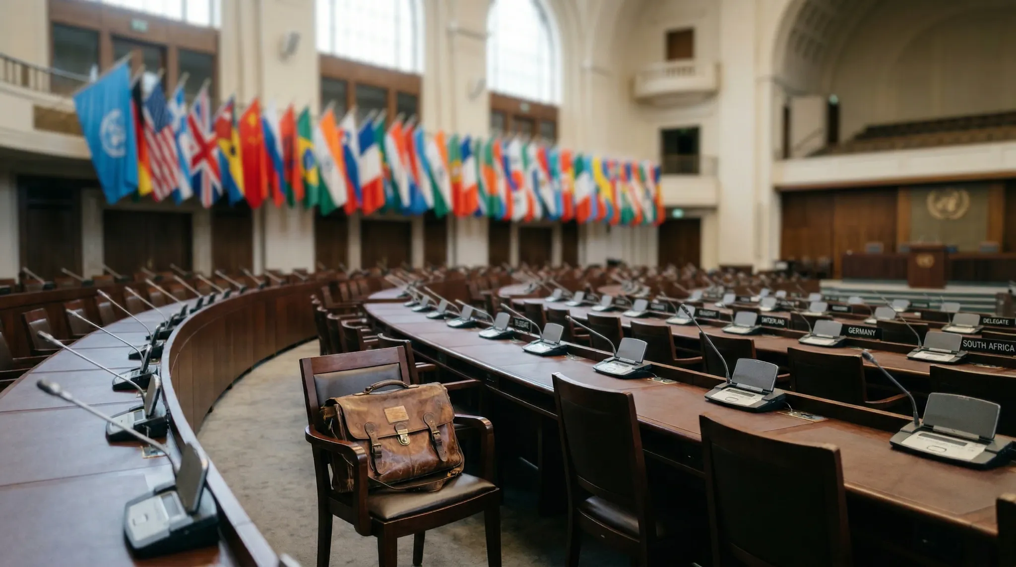A poignant, photorealistic wide-angle shot of an empty international assembly hall with rows of dark wood desks and silver microphones. The background features a blurred line of multi-colored national