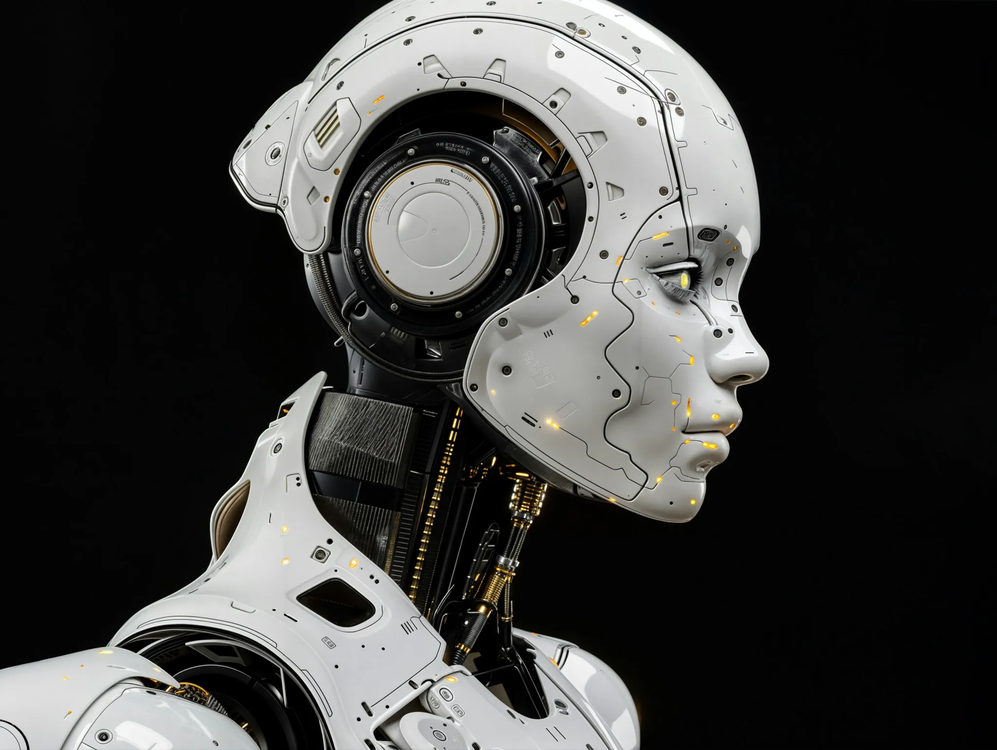 A white robot is standing in front of a black background