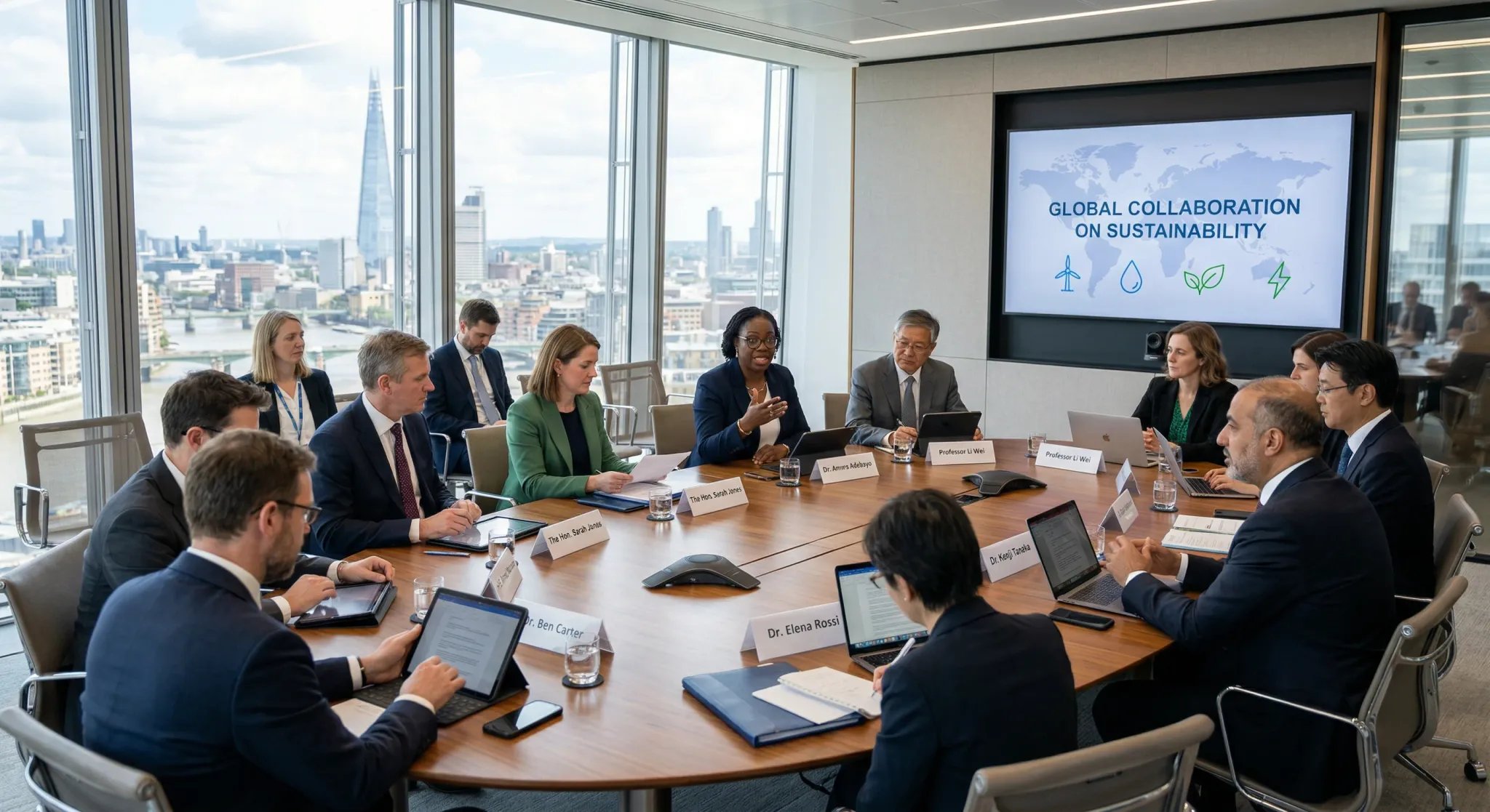 A diverse group of professionals sits around a large, oval conference table for a formal roundtable meeting focused on "Global Collaboration on Sustainability," as indicated by the presentation screen. The setting is a bright, modern office with floor-to-ceiling windows overlooking a cityscape, creating an atmosphere of serious, high-level deliberation.