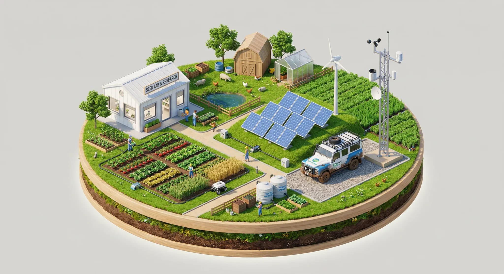 A clean isometric 3D diorama representing a sustainable food system. The miniature scene features a small white laboratory building for seed testing, a cluster of blue solar panels, and a 4x4 off-road