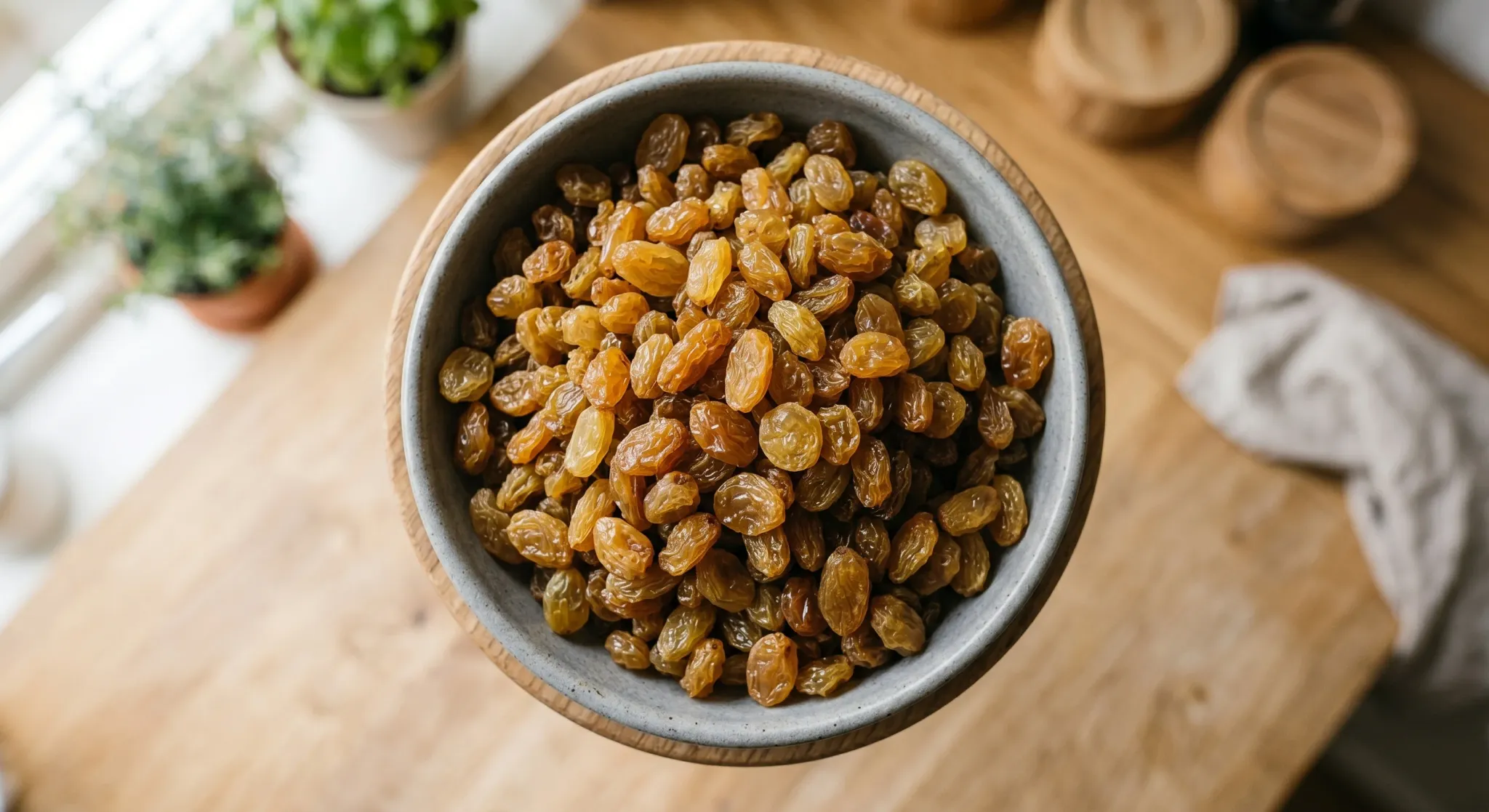 A high-angle macro photograph of golden organic sultana raisins piled in a simple, matte-finished grey ceramic bowl. The bowl sits on a light oak wooden kitchen counter with soft, natural morning ligh