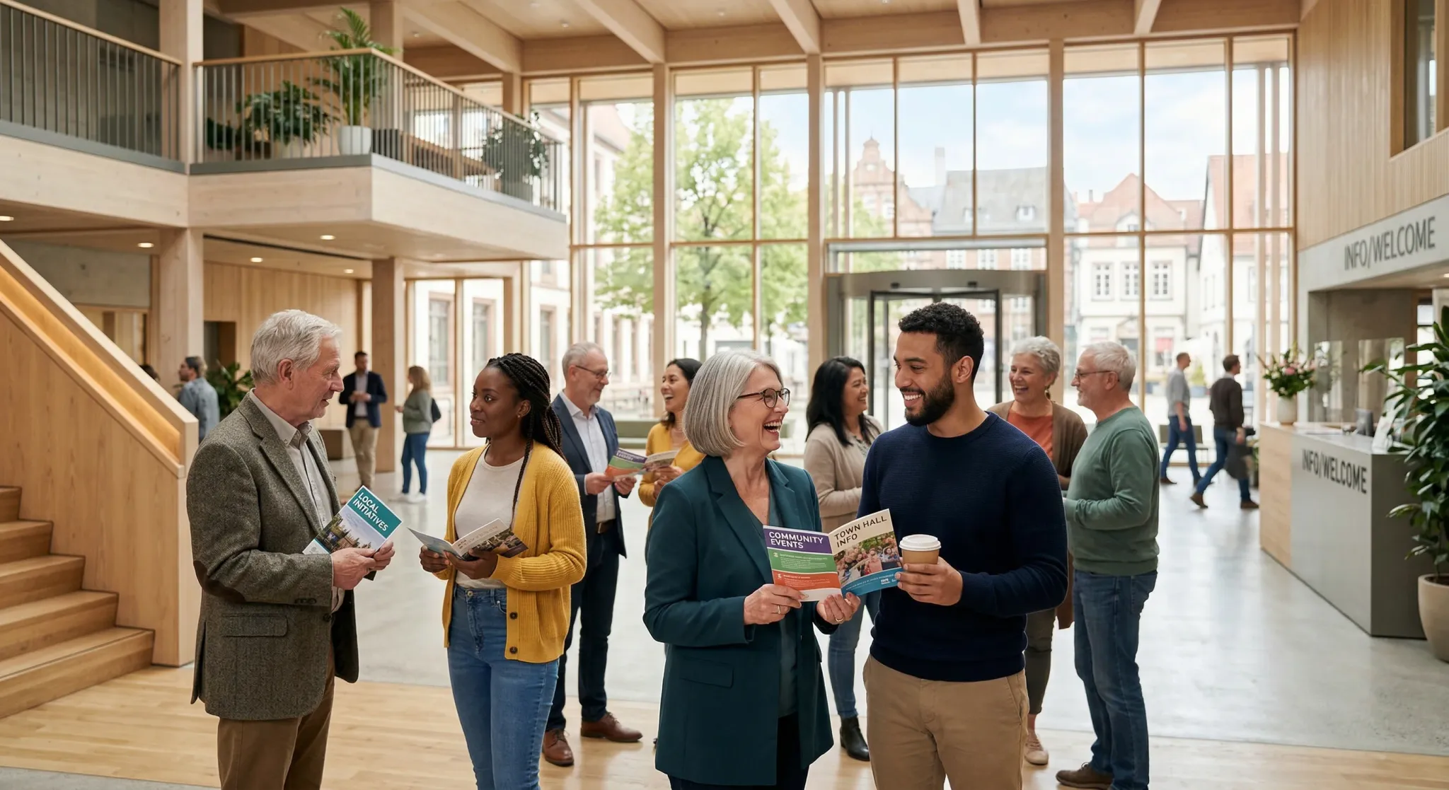 A bright and airy atrium of a modern European town hall with large glass windows and light wood accents. A diverse group of people of various ages are gathered in casual conversation, some holding inf
