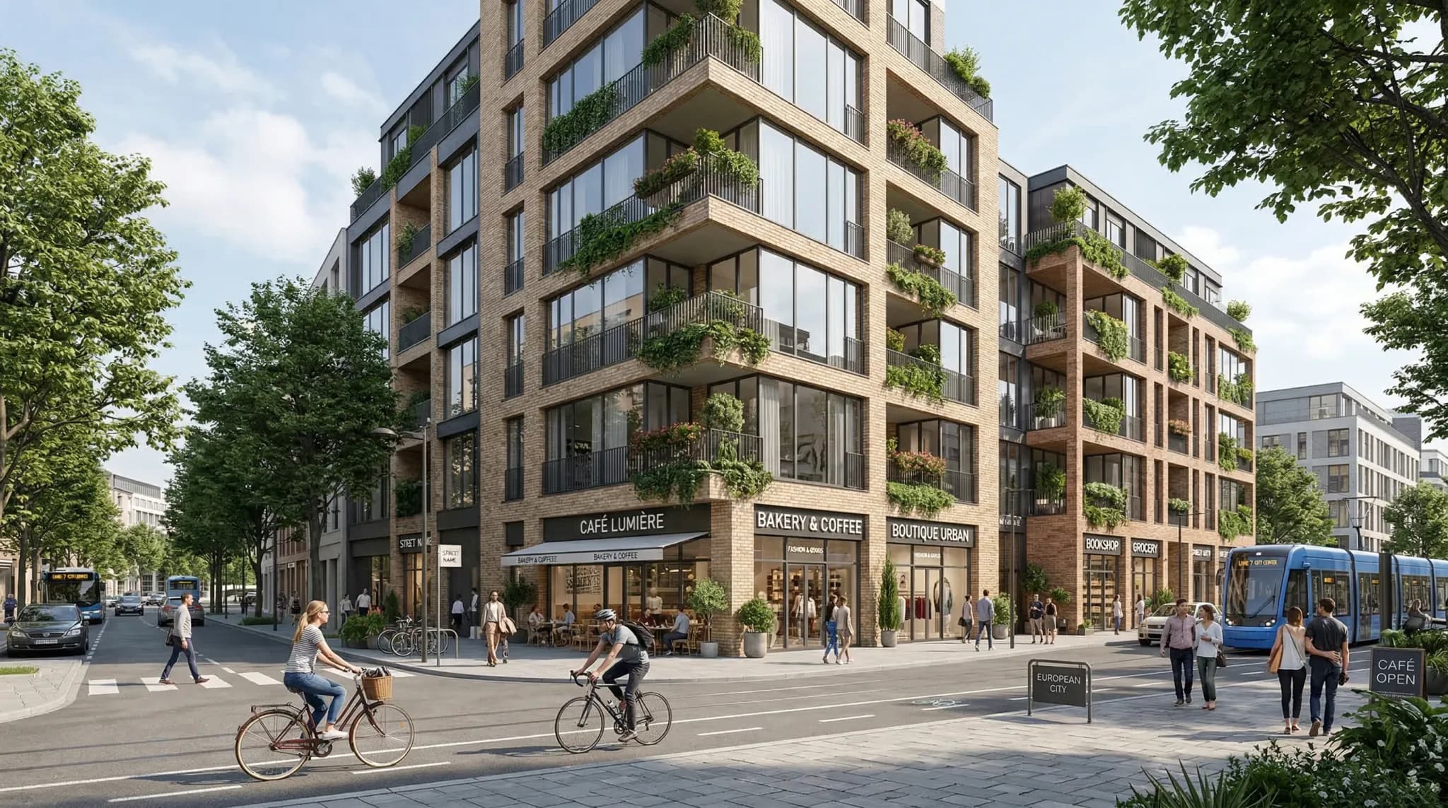 A clean architectural visualization of a modern European street corner featuring a mix of multi-story residential buildings and ground-floor retail shops. The design uses light-colored brick and large