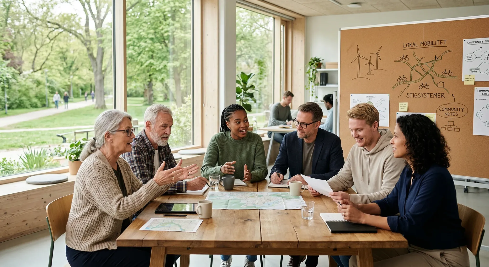 A diverse group of people from different generations sits in a bright, modern Scandinavian office space with large windows overlooking a leafy green park. They are engaged in an active discussion arou