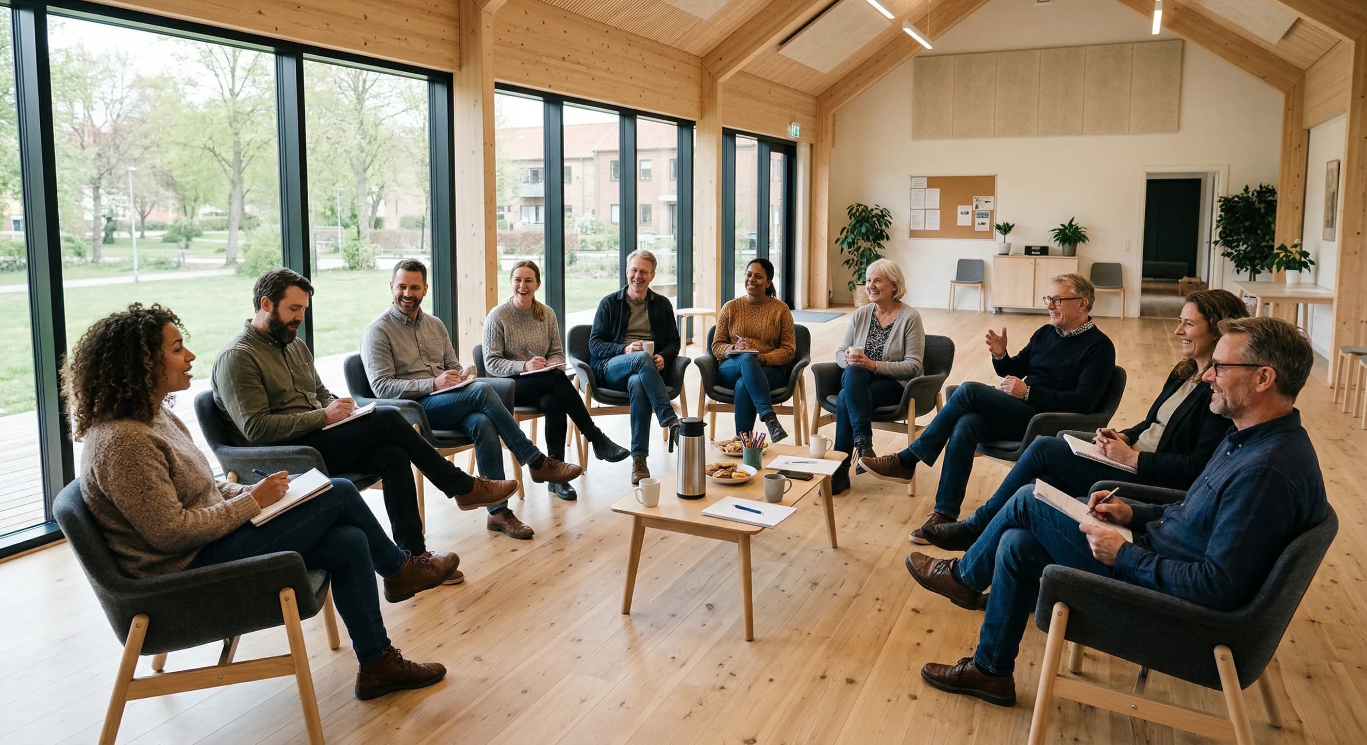 A wide-angle photorealistic shot of a modern Scandinavian-style community hall with light wood floors and large windows. A group of diverse European adults are sitting in a circle of chairs, engaged i