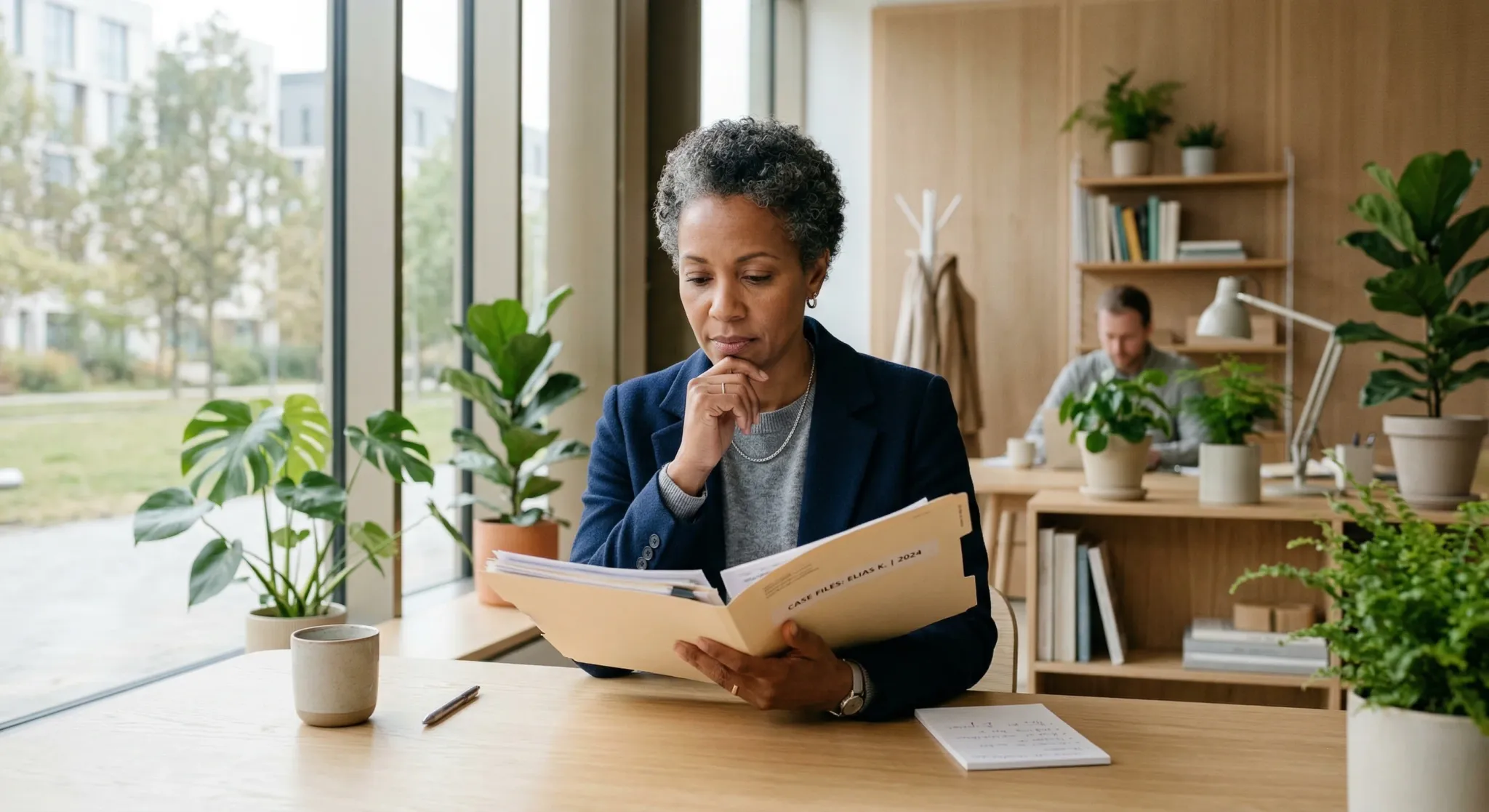 A professional mid-shot of a caseworker in a bright, modern Scandinavian office setting, looking thoughtfully at a folder of documents. The scene is illuminated by soft natural light from a large wind