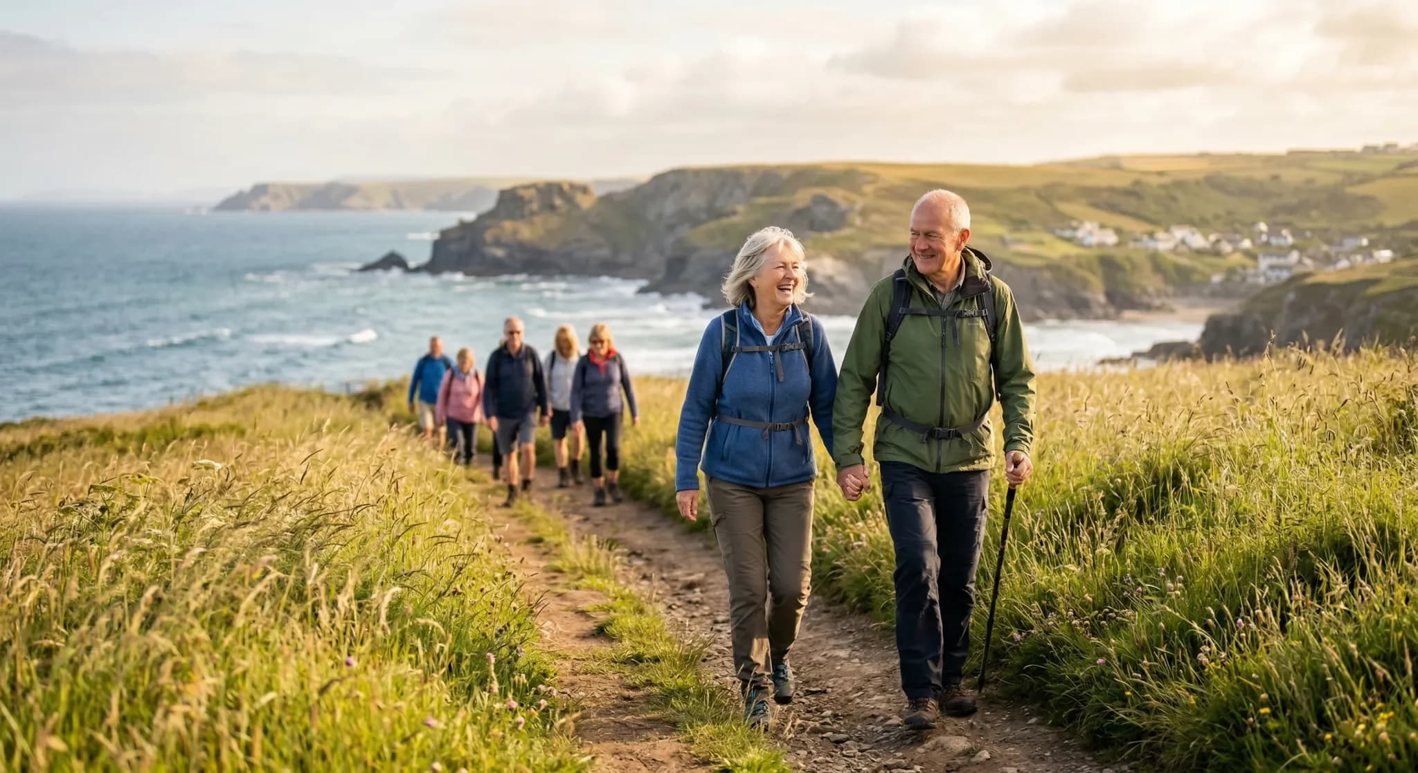 A group of active European seniors walking along a scenic coastal path with light wind and tall grass. The lighting is soft morning sun, creating a warm and hopeful atmosphere. Shallow depth of field