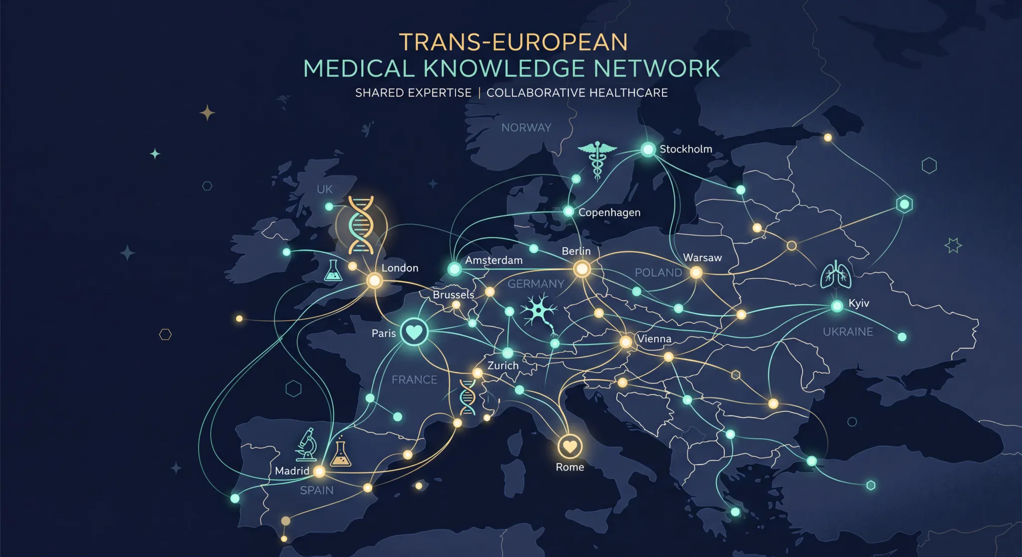 A clean editorial illustration focusing on a network of glowing nodes connected by thin, precise lines across a minimalist map of Europe. The color palette uses deep navy, soft teal, and highlights of