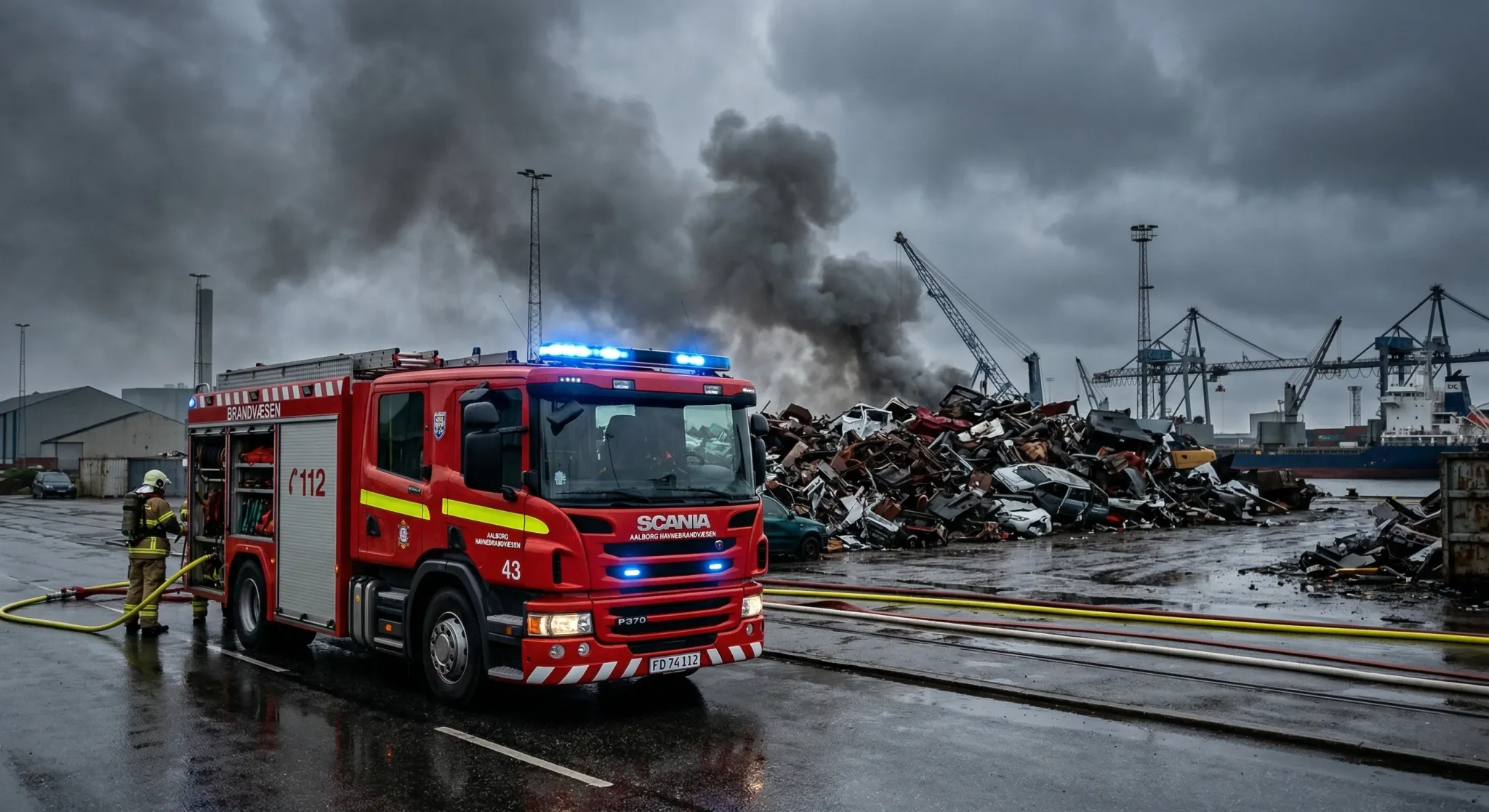 A red European fire engine parked on a wet asphalt road in an industrial harbor area. In the background, thick grey smoke rises behind a pile of twisted scrap metal under a heavy, overcast Scandinavia