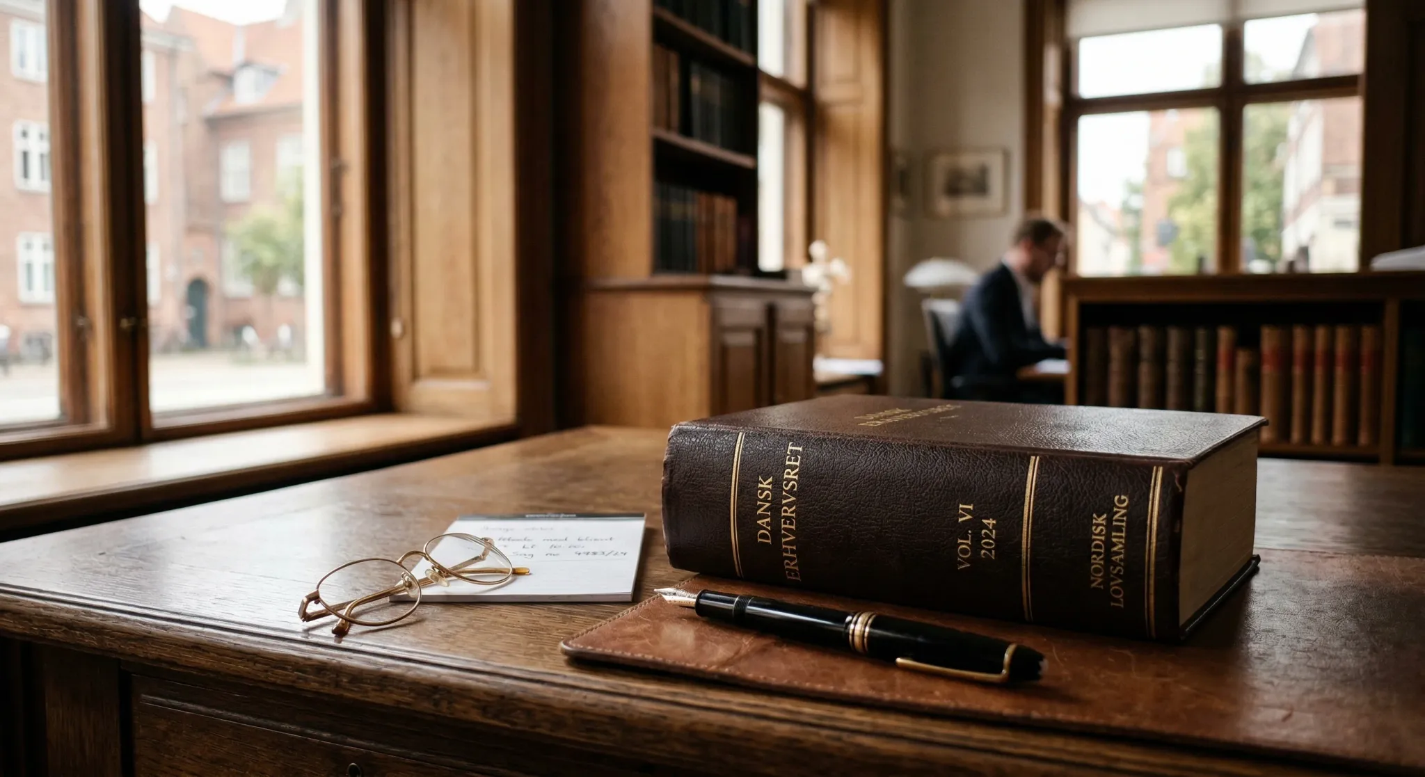 A photorealistic close-up of a high-end lawyer's workspace in Northern Europe. A thick, leather-bound law book rests on a solid oak desk next to a classic fountain pen and a pair of reading glasses. S