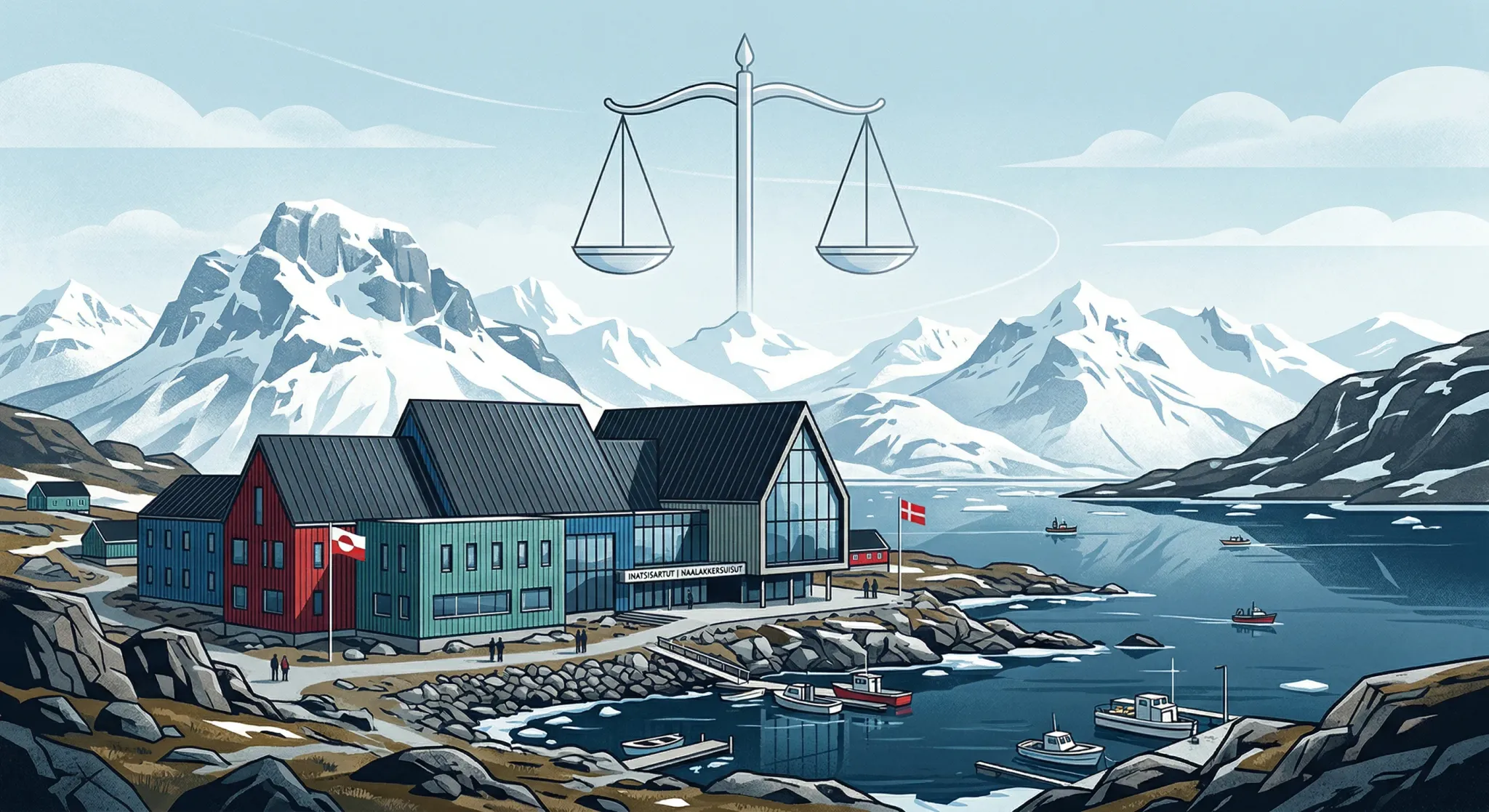 An editorial illustration of a modern, colorful Greenlandic government building with a steep roof, situated at the edge of a deep blue fjord. In the background, majestic snow-covered mountains rise un