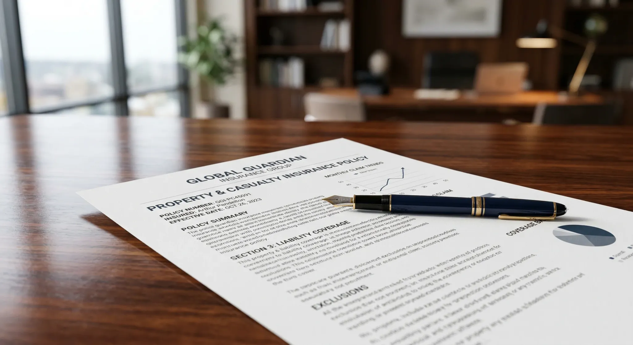 A high-quality photorealistic close-up of a modern insurance policy document resting on a polished dark wood desk. A classic fountain pen lies across the paper, which features subtle graphs and struct