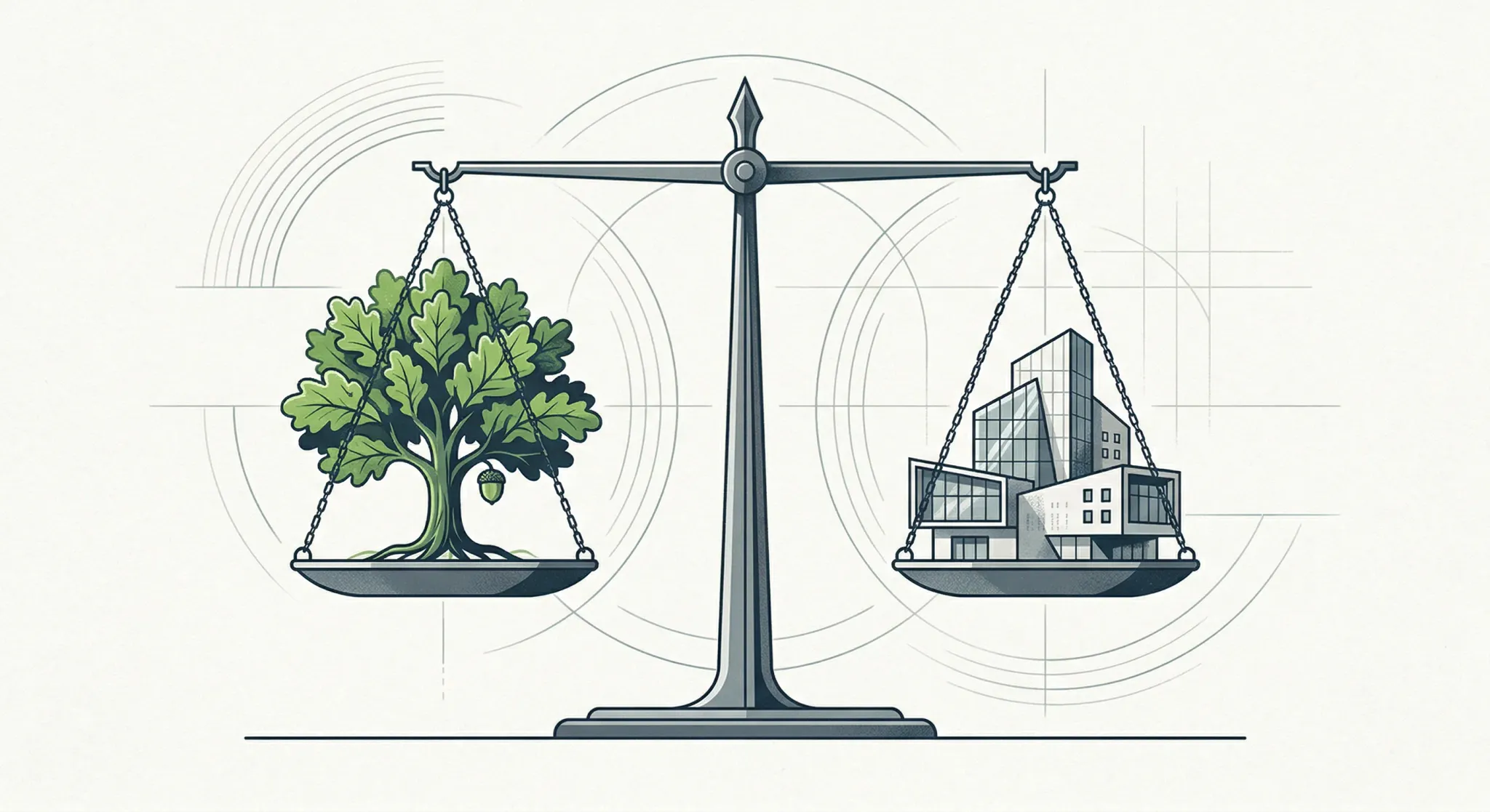 An editorial illustration featuring a minimalist scale of justice balanced perfectly. On one side of the scale sits a small, vibrant green oak tree, and on the other, a stylized architectural model of