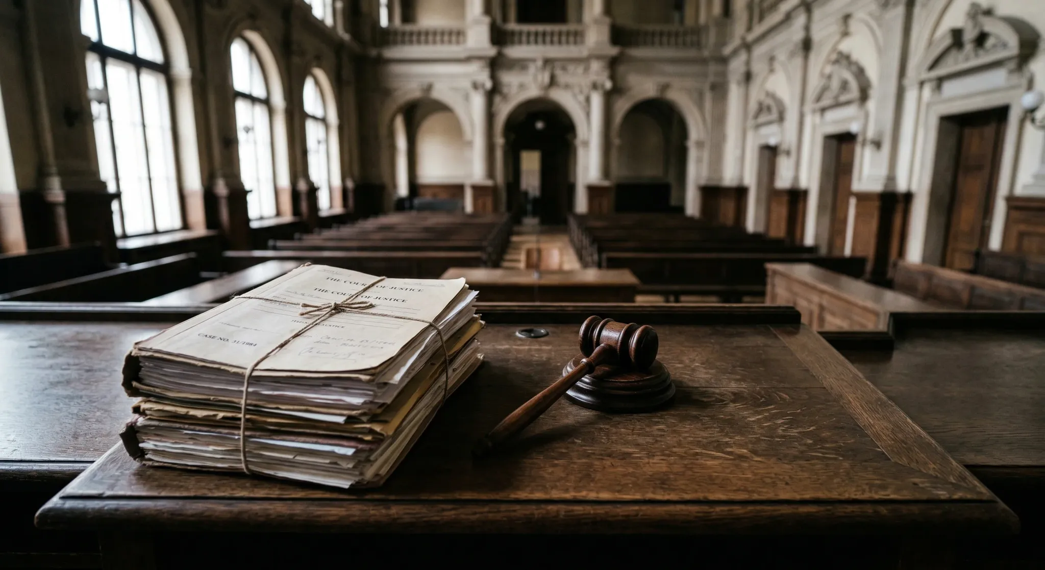 A high-angle shot of a dark wooden desk in a grand European courtroom hall. On the desk lies a thick stack of legal documents with a wooden gavel resting beside them, captured with a shallow depth of