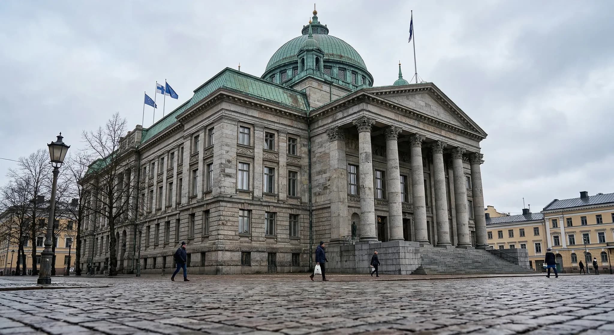 A photorealistic wide-angle shot of a grand neoclassical building with grey stone columns and a weathered copper roof, typical of Northern European architecture. The scene is captured from a low angle