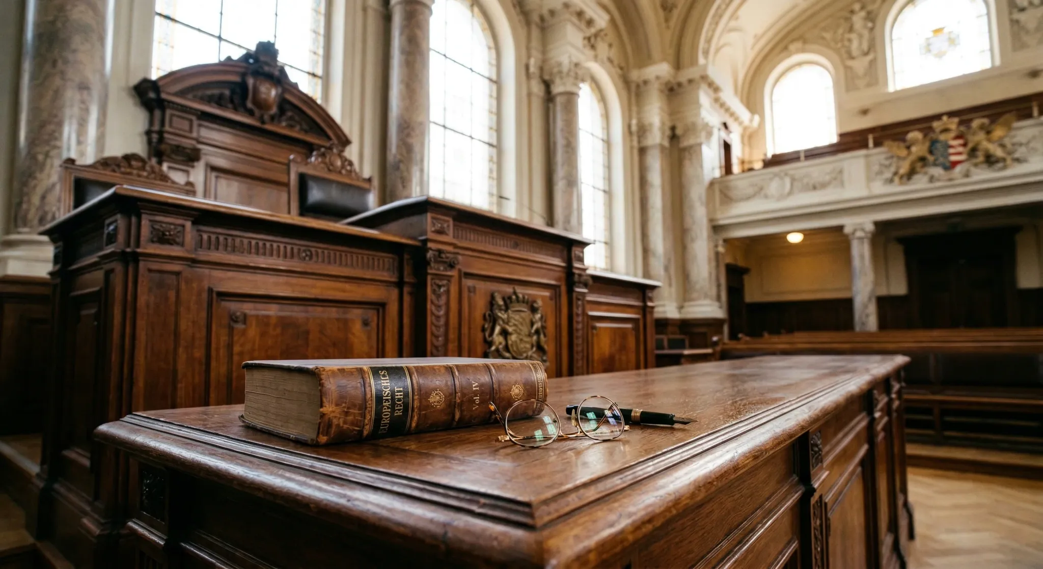 A close-up, low-angle shot of a polished wooden judge's bench in a neoclassical European courtroom. Soft natural light filters in from high windows, illuminating a leather-bound law book and a pair of