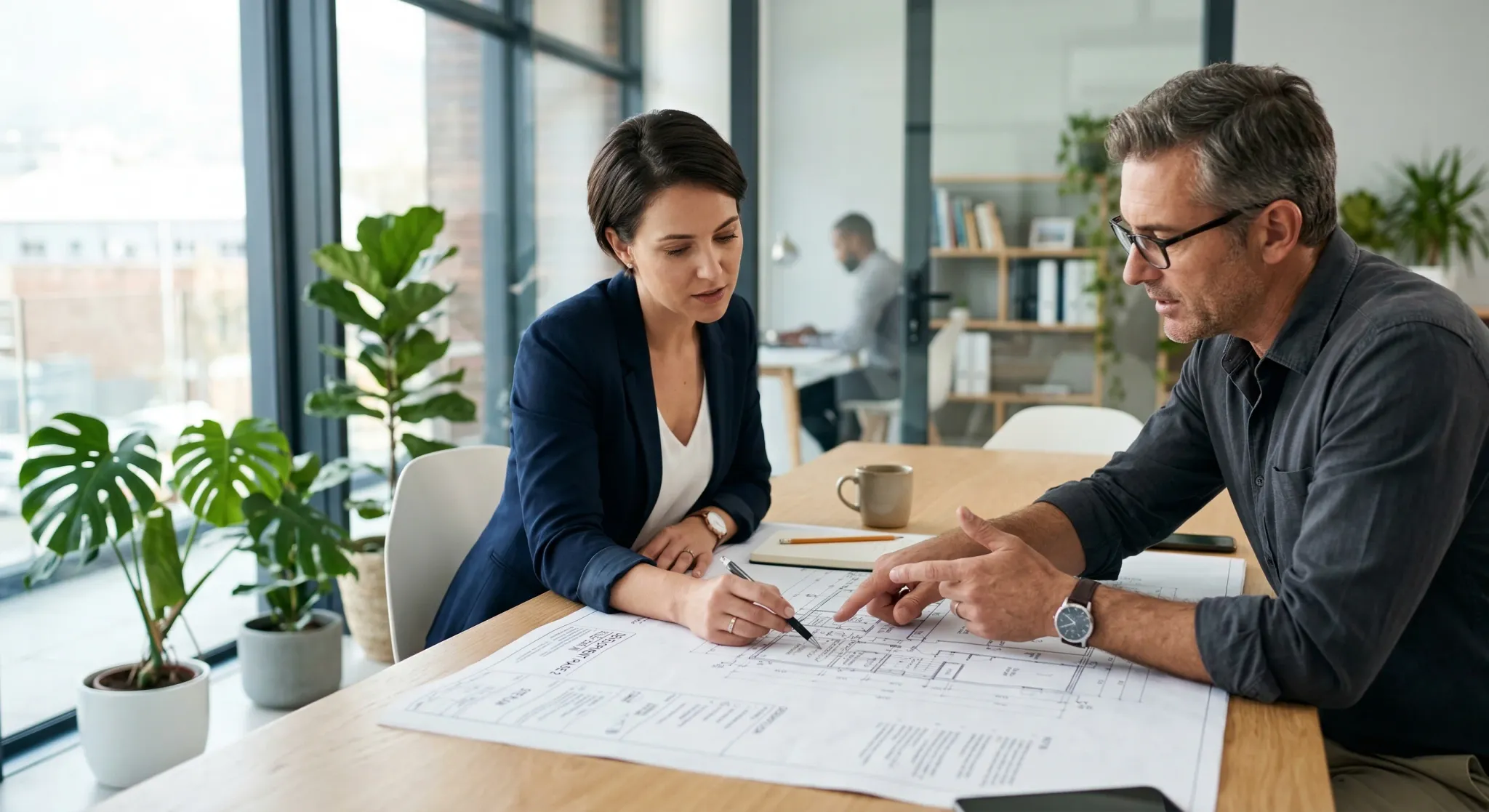 A photorealistic scene of a professional consultation in a sunlit modern office. Two people, a caseworker and a developer, are leaning over a large architectural blueprint spread across a light oak ta