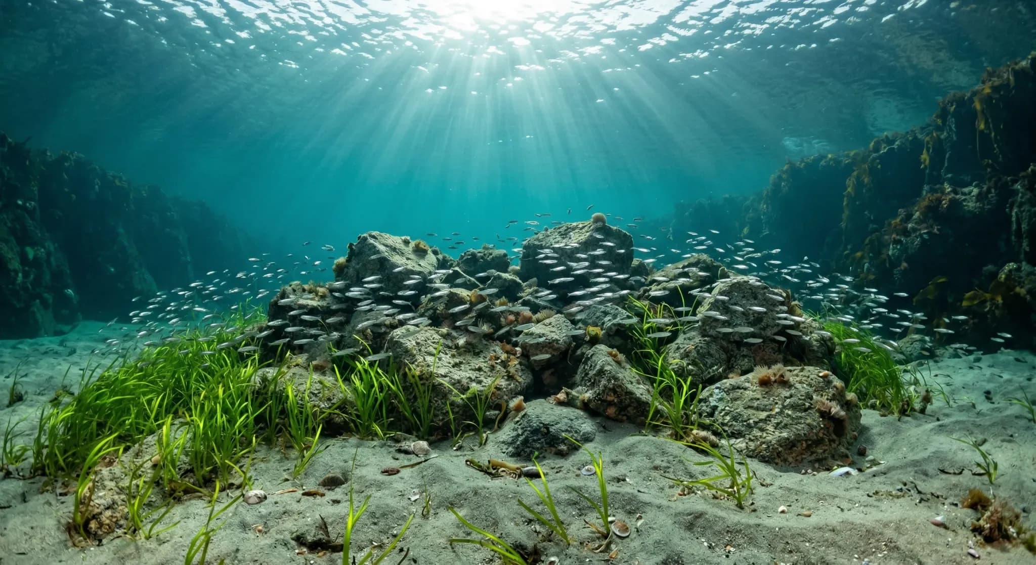 A photorealistic wide-angle shot from underwater in a clear Northern European fjord. Sunlight filters through the surface, illuminating a newly constructed stone reef on the sandy seabed where vibrant