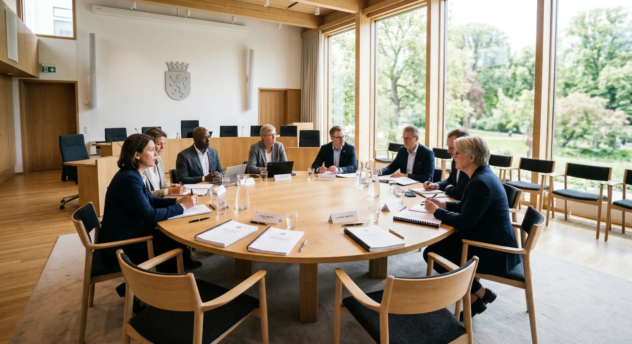 A photorealistic, wide-angle shot of a modern Scandinavian-style council chamber. Natural light illuminates a large, circular wooden table surrounded by sleek, minimalist chairs. On the table lie seve