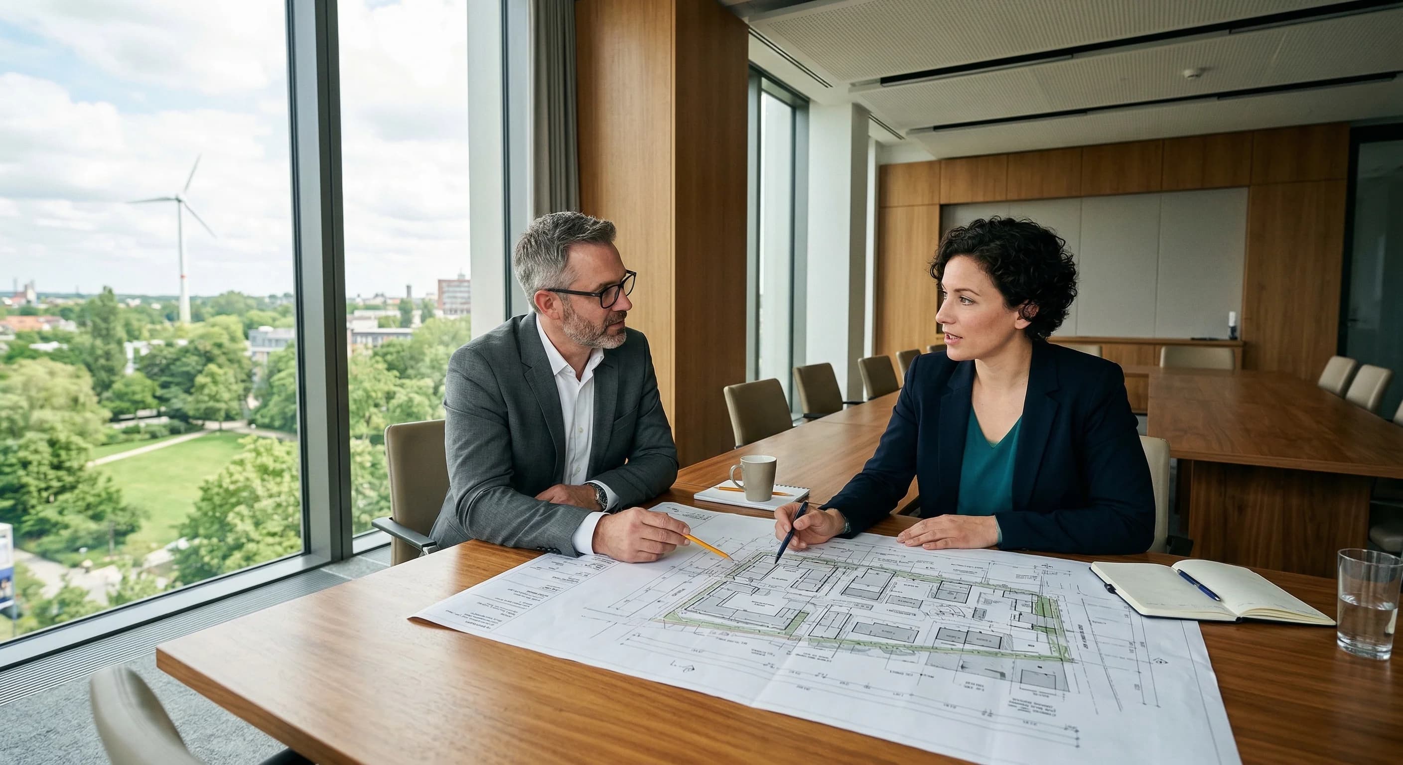 A photorealistic shot from a 45-degree angle showing a meeting between two people in a bright, modern office inside a city hall. They are seated across a wooden table with a large technical architectu
