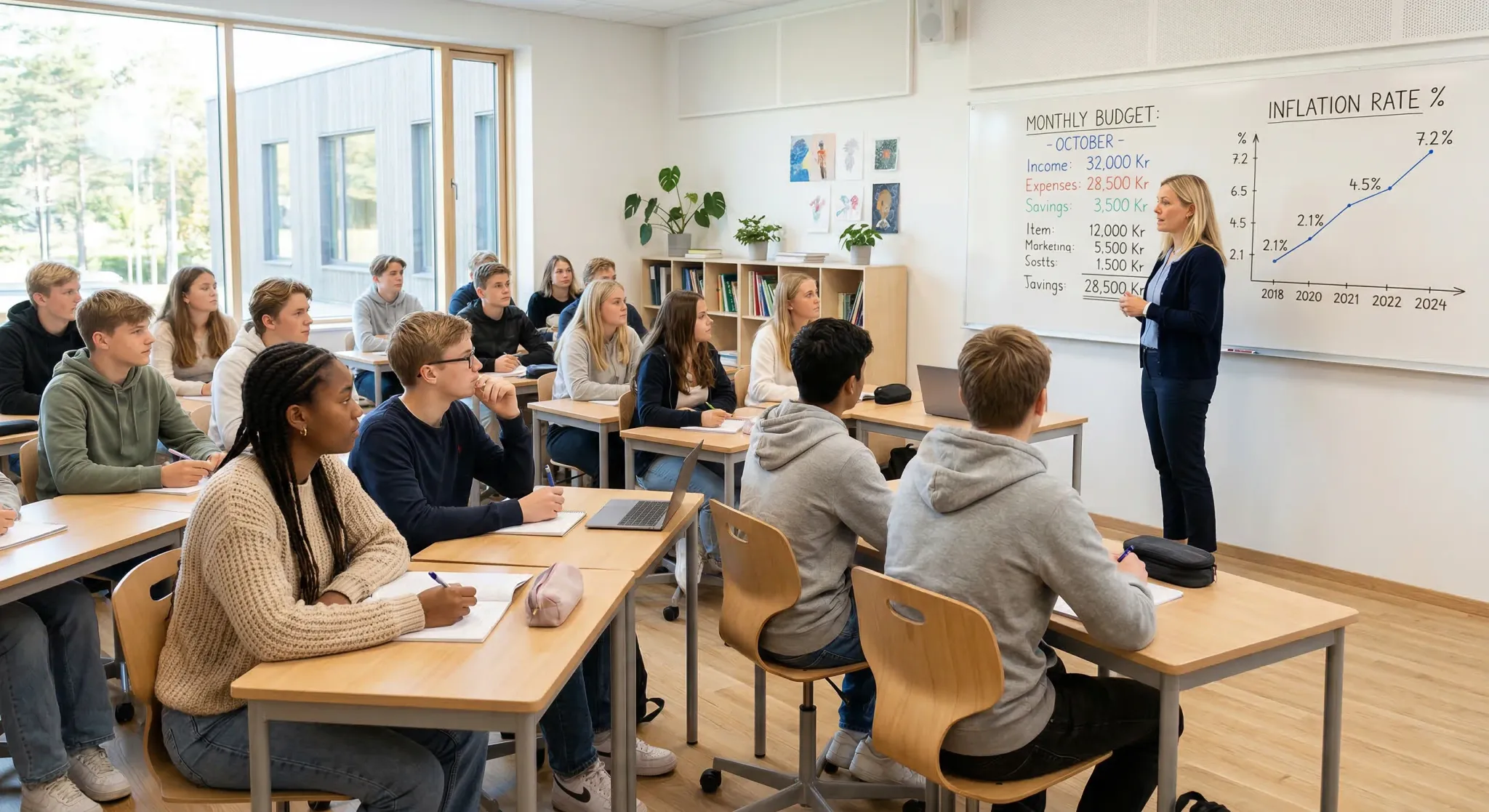 In a modern, sunlit classroom, a teacher stands before a group of attentive students, gesturing toward a whiteboard displaying a financial budget and an upward-trending inflation graph. The atmosphere is professional and academic, highlighting a lesson on economics amidst a clean, Scandinavian-inspired interior.