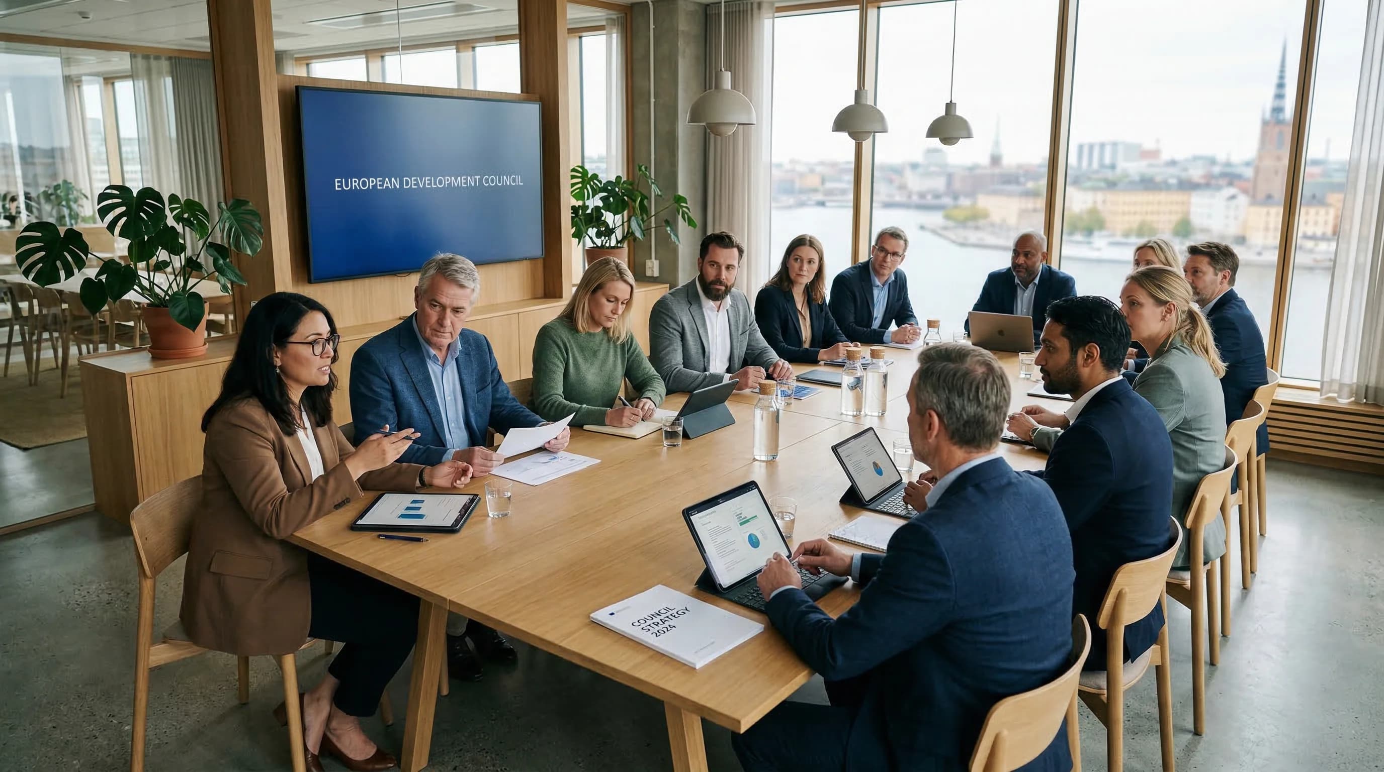 A diverse group of professionals in business-casual attire engages in a strategic meeting within a bright, modern conference room overlooking a Scandinavian waterfront. The setting is professional and collaborative, with individuals focused on digital devices and documents beneath a screen labeled "European Development Council."