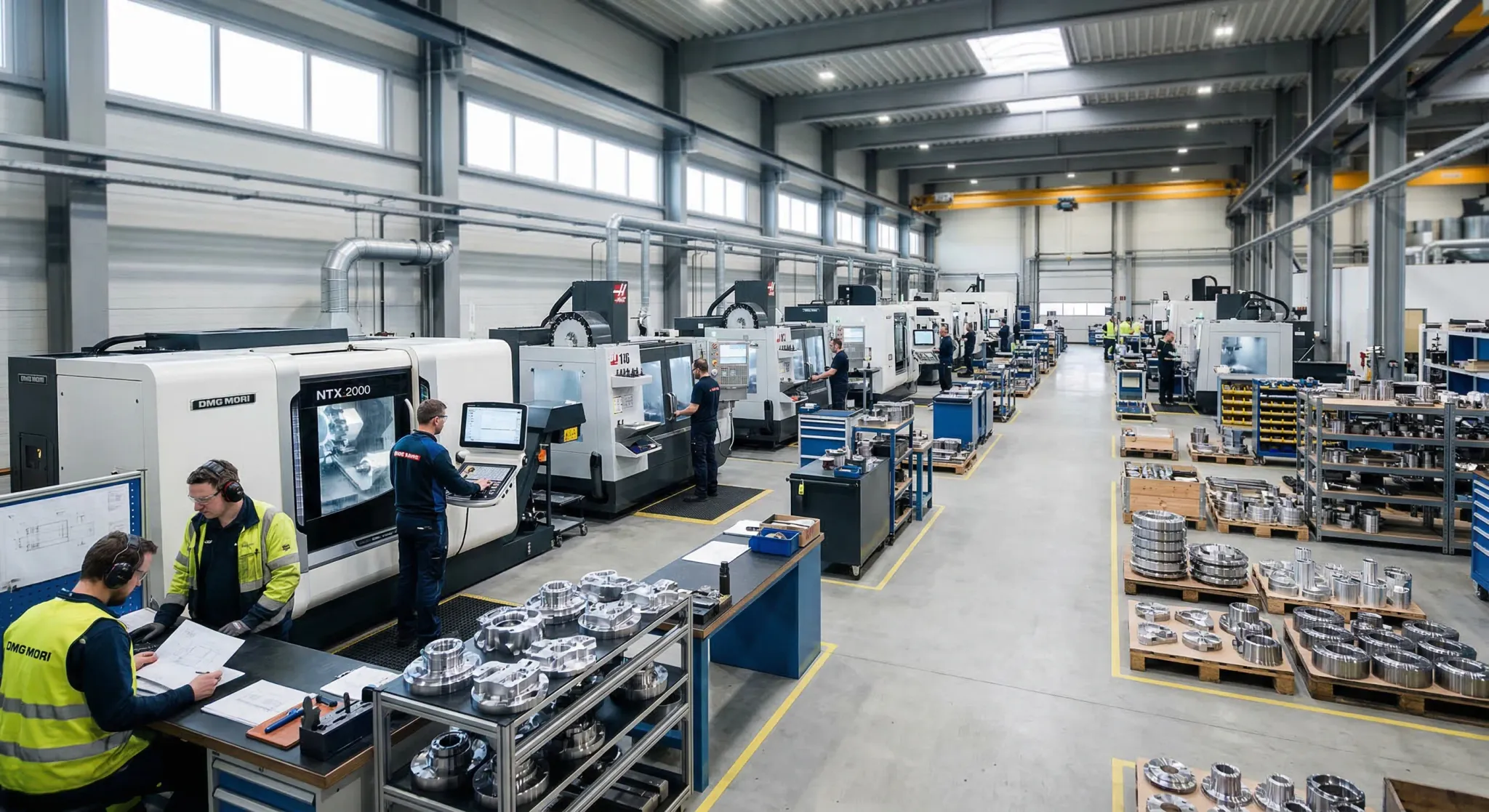 A wide-angle photorealistic shot of a modern, clean precision metal manufacturing facility in Northern Europe. The scene features advanced CNC machinery and neatly stacked metal components under soft