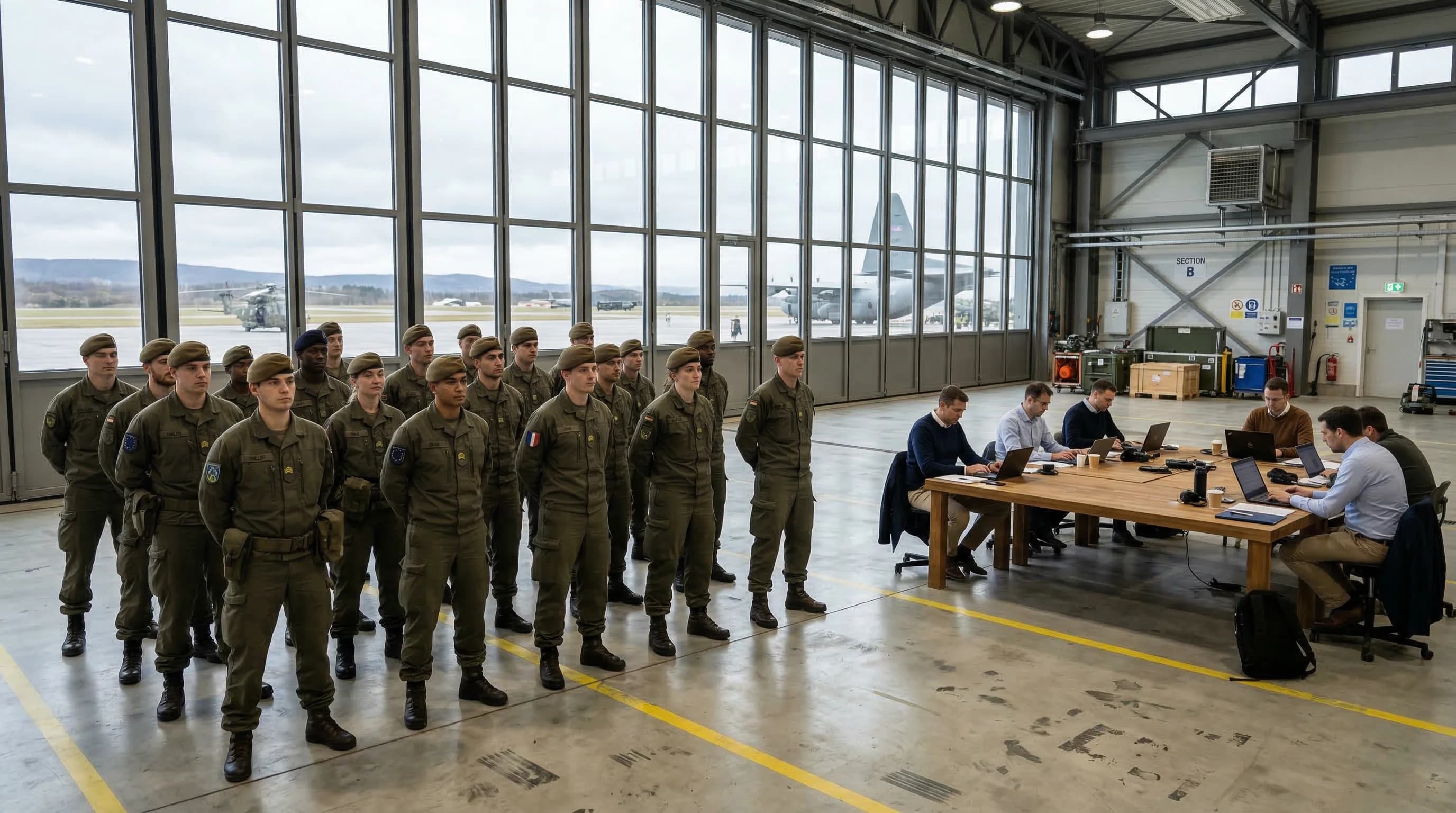 A wide-angle photorealistic shot of a group of diverse young European recruits in olive green uniforms standing in a modern, brightly lit hangar with massive floor-to-ceiling windows. The light is sof