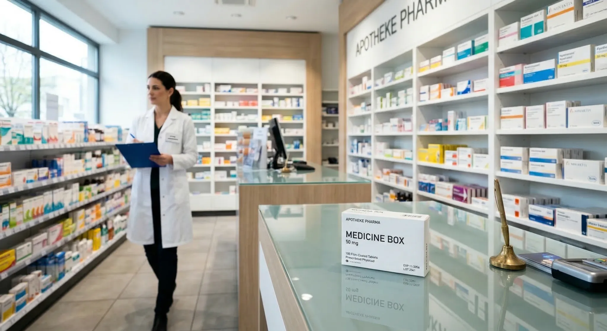 A photorealistic shot of a modern European pharmacy interior with bright, clean shelves fully stocked with various medicine boxes. In the foreground, a single white pharmaceutical box sits on a polish