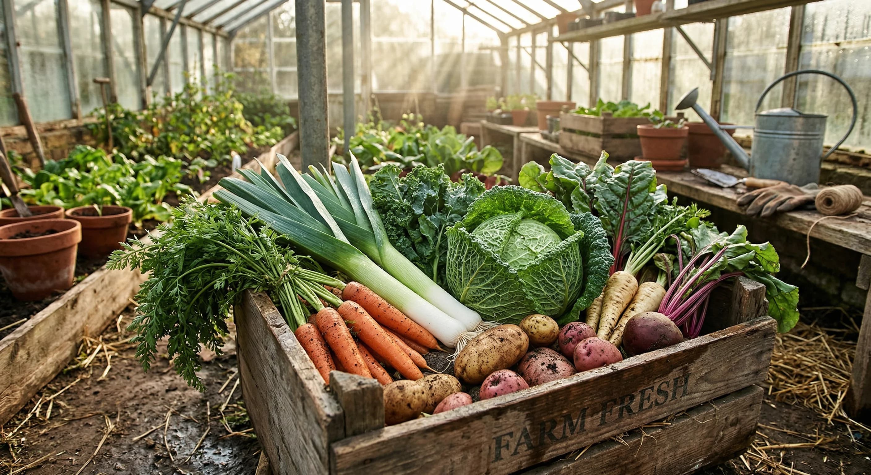 A high-angle, photorealistic shot of a rustic wooden crate filled with a vibrant variety of fresh root vegetables and leafy greens, such as carrots, leeks, and cabbage. The scene is set in a sun-drenc