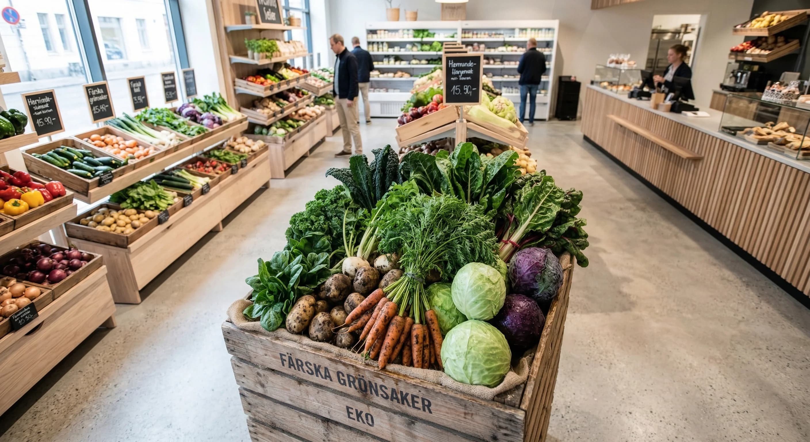 A high-angle, photorealistic shot of a rustic wooden crate overflowing with fresh, damp root vegetables and leafy greens in a bright, modern Northern European grocery store. The lighting is soft and n