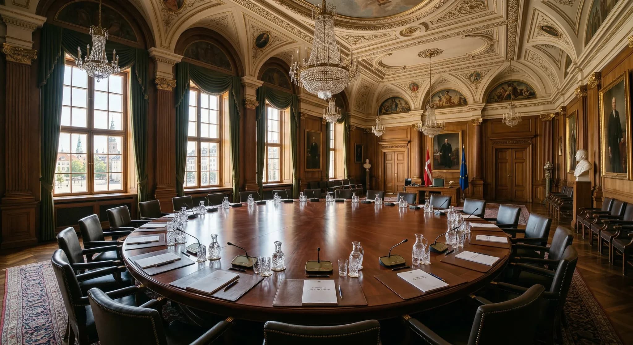 A photorealistic, wide-angle shot of a grand neoclassical government committee room. Sunlight filters through tall windows onto a large, circular mahogany table surrounded by empty leather chairs, wit
