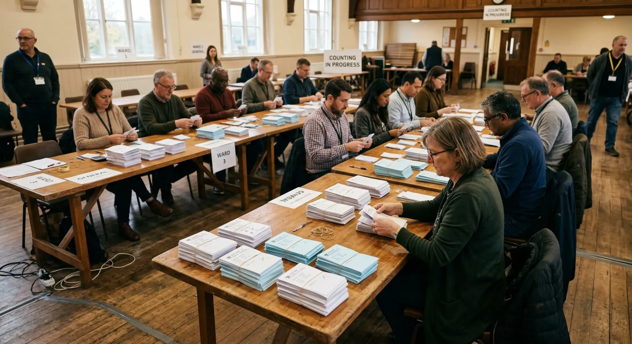 A high-angle photorealistic shot of a bright community hall being used as an election polling station. Large wooden tables are covered with organized stacks of white and light blue paper ballots. Dive